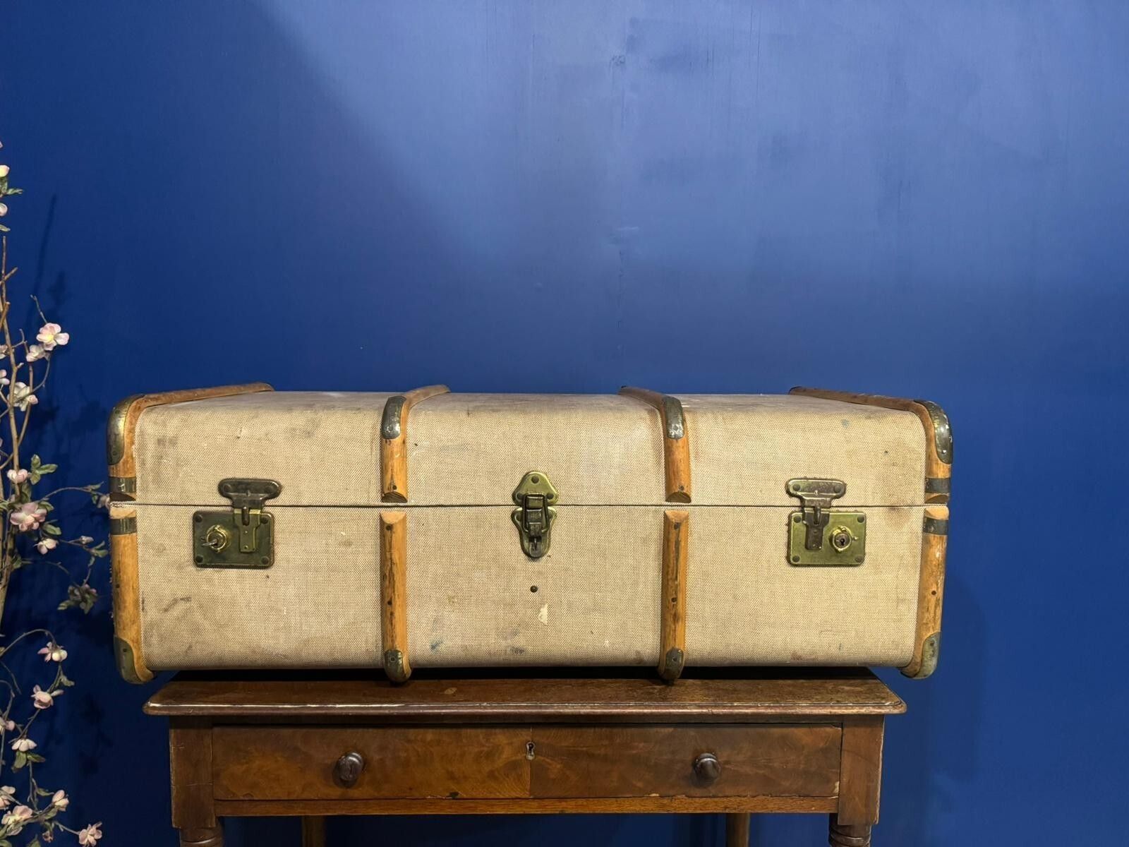 Antique Suitcase Wood And Canvas Gentlemen's Vintage Prop Art Deco Classic Carg