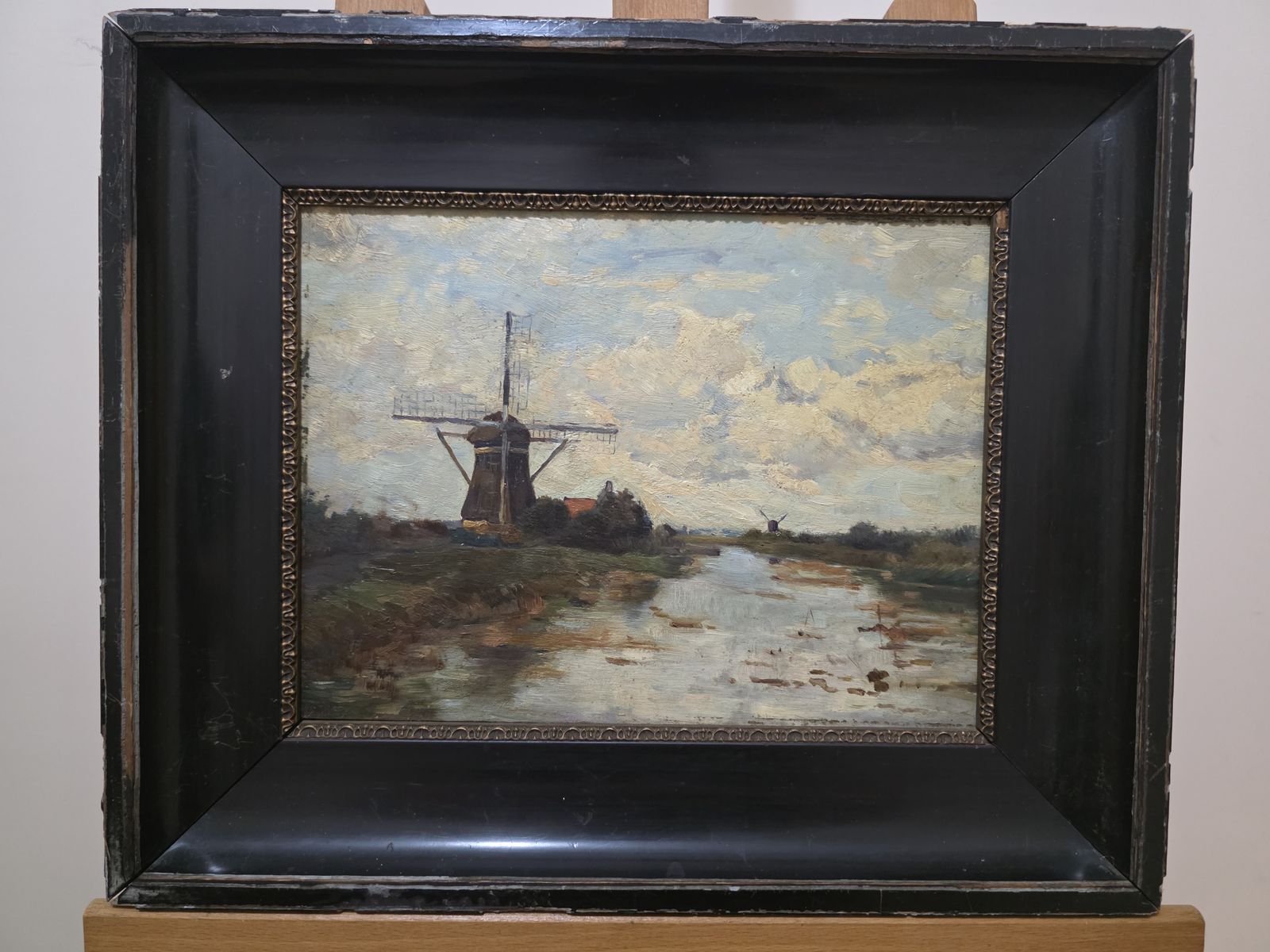 Antique Dutch School Windmill Landscape Oil On Board In Period Frame