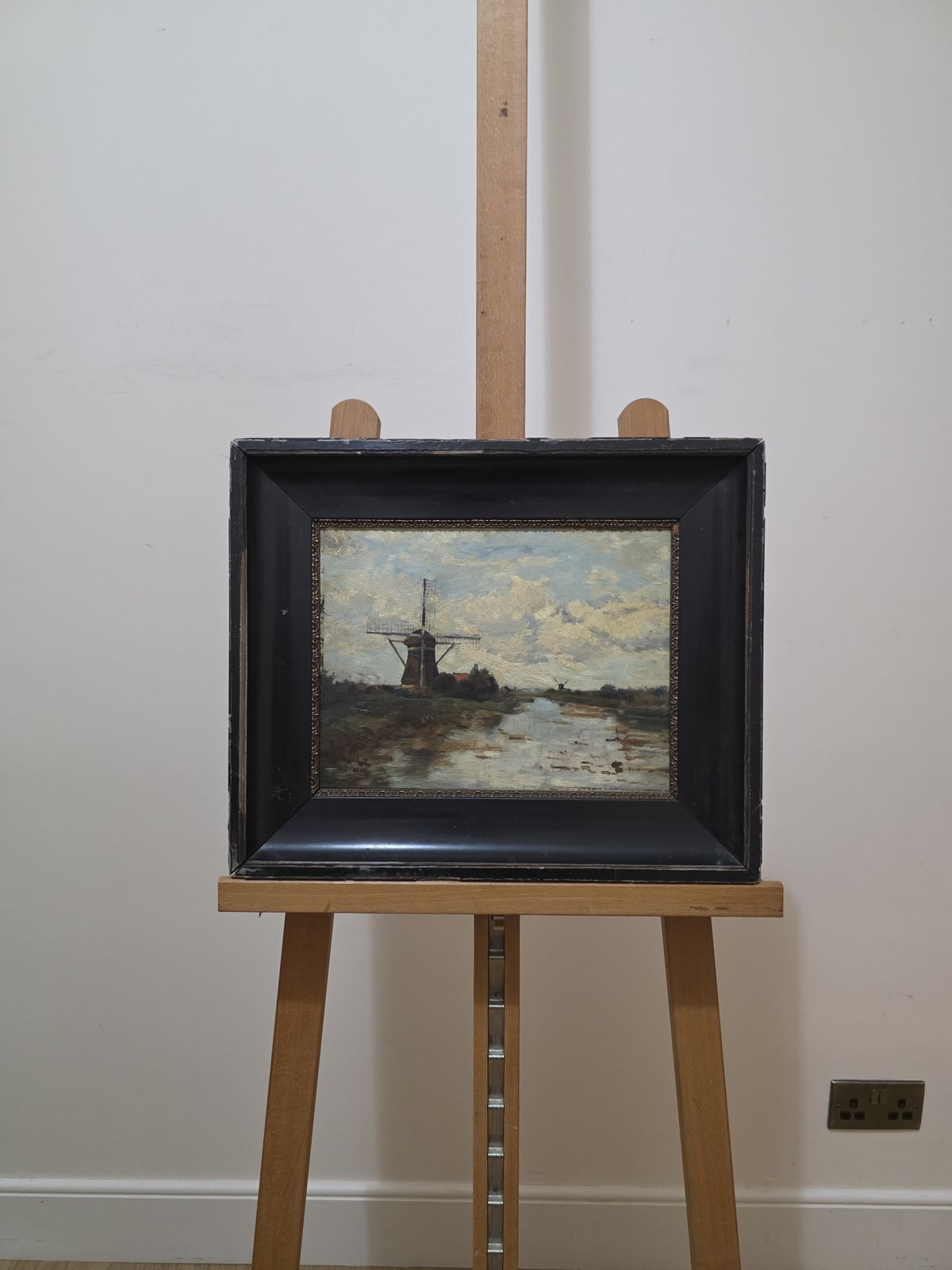 Antique Dutch School Windmill Landscape Oil On Board In Period Frame photo for sale