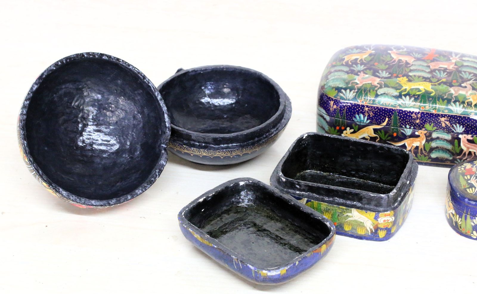 photo vintage A Collection Of Highly Decorative Kashmiri Paper Mache Pots 5 In Total Some Antique