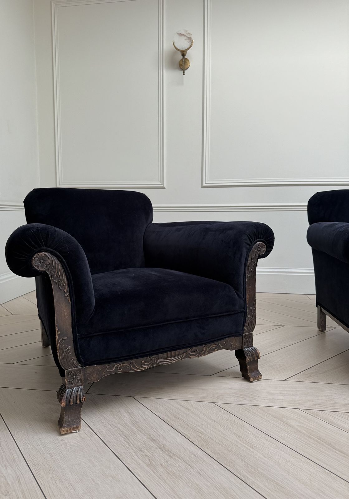 Pair Of Art Deco Velvet Armchairs, Reupholstered In Linwood Omega Black Velvet photo Furniture