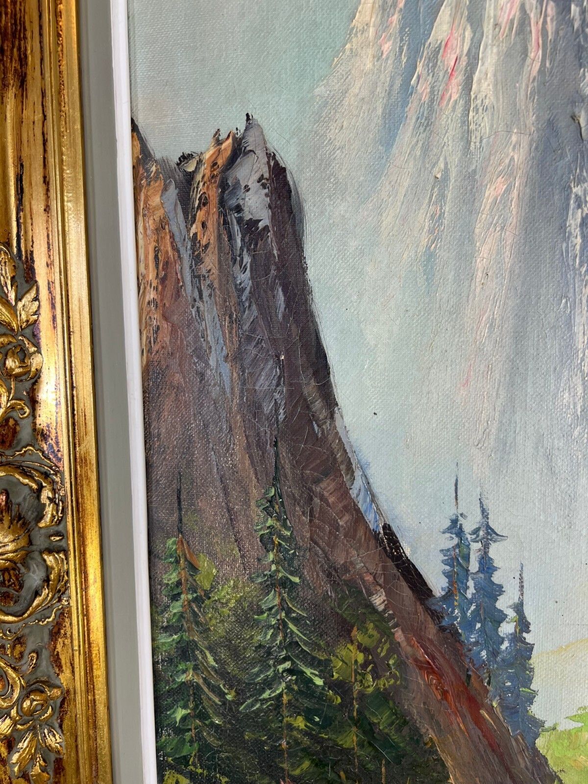 Painting Vintage Oil Landscape Mountain Deer Signed Framed Carved Lot 5113. photo buy