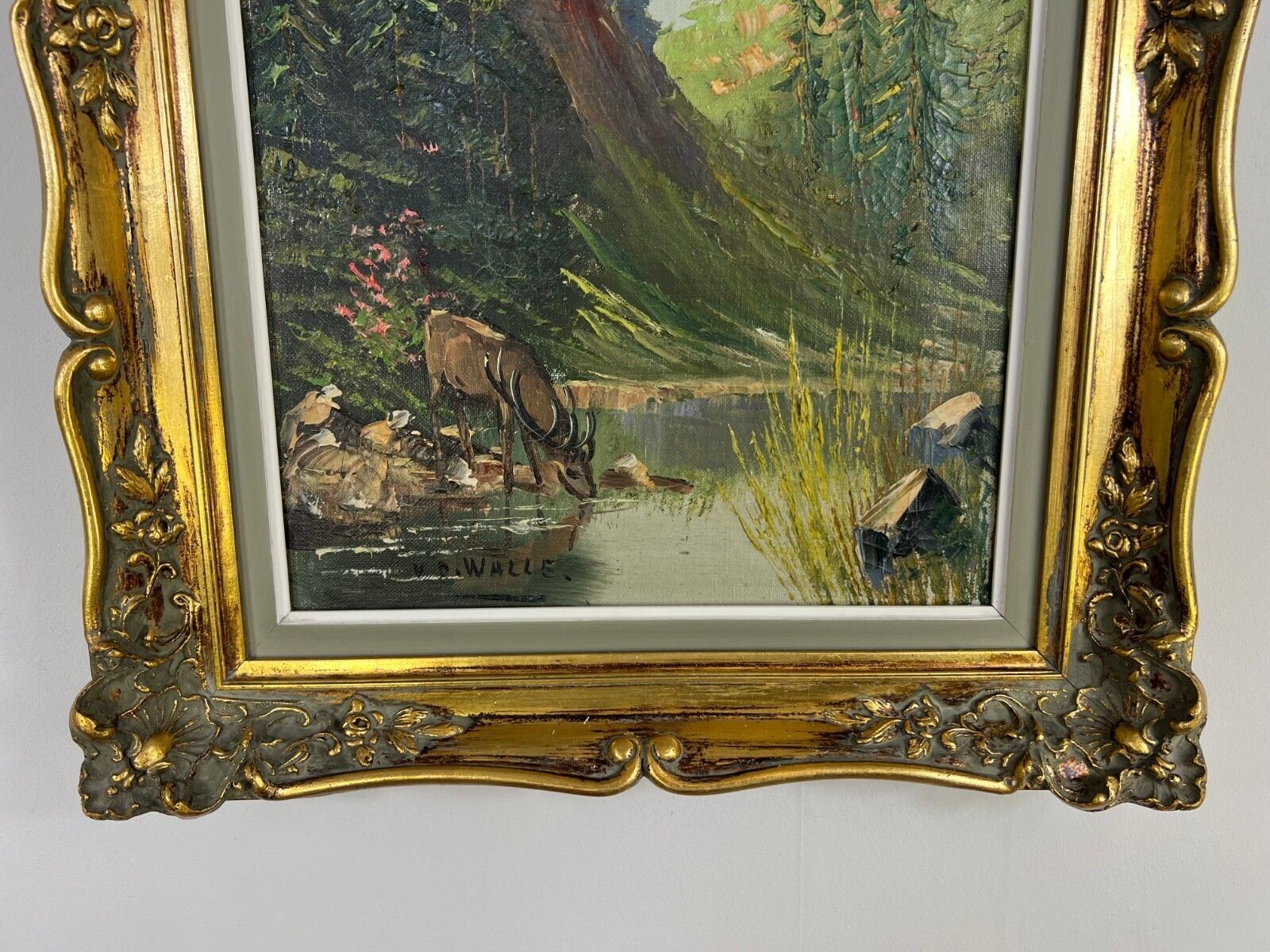 Painting Vintage Oil Landscape Mountain Deer Signed Framed Carved Lot 5113. photo vintage