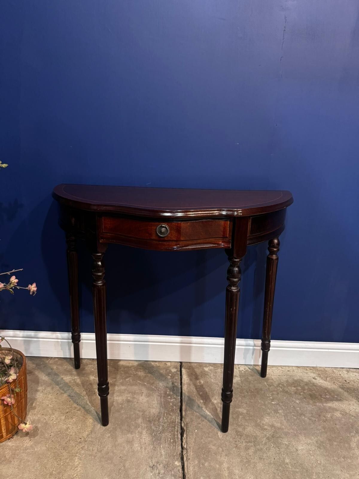 Vintage Burr Mahogany Veneered Demi Lune Console Table Hall Side Plant Stand. photo Furniture