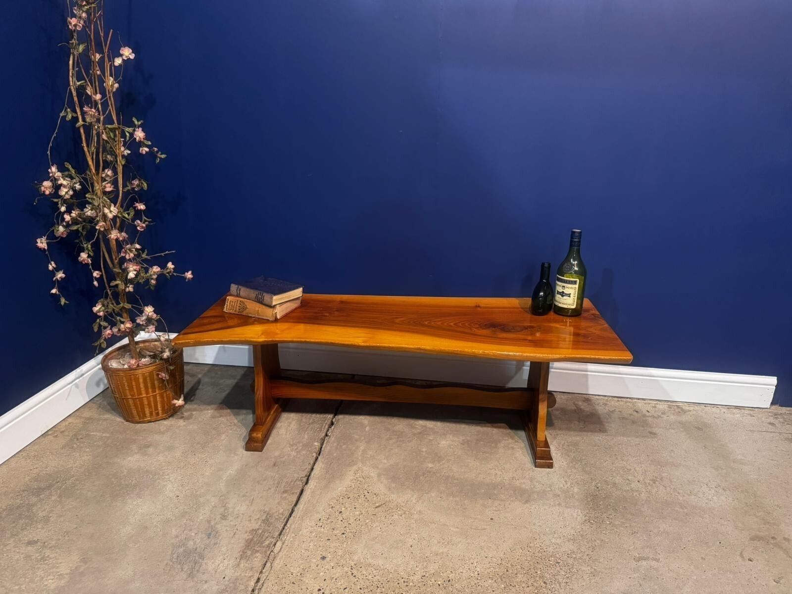Vintage Walnut Trestle Table Coffee Side Mid Century Farmhouse Bench Live Edge.