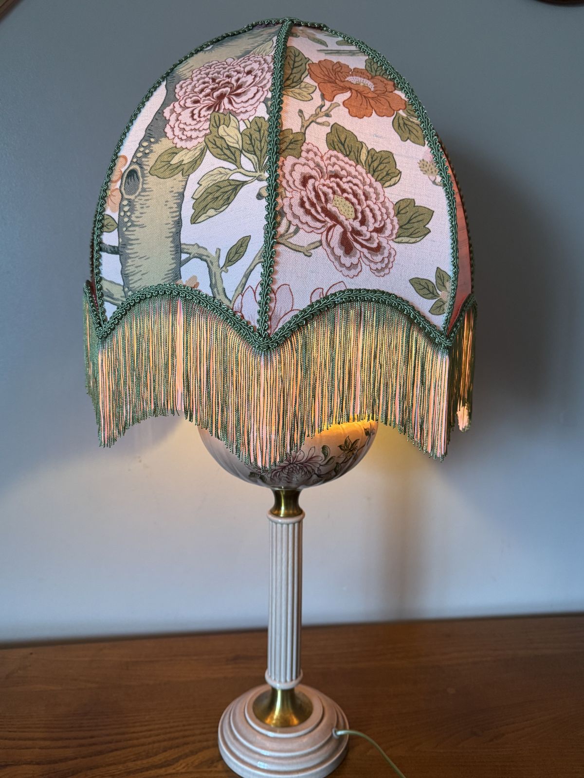 A Unique Vintage French Napoleonic Style Sectional Ceramic Table Lamp With Hand Sewn Shade. photo Lighting