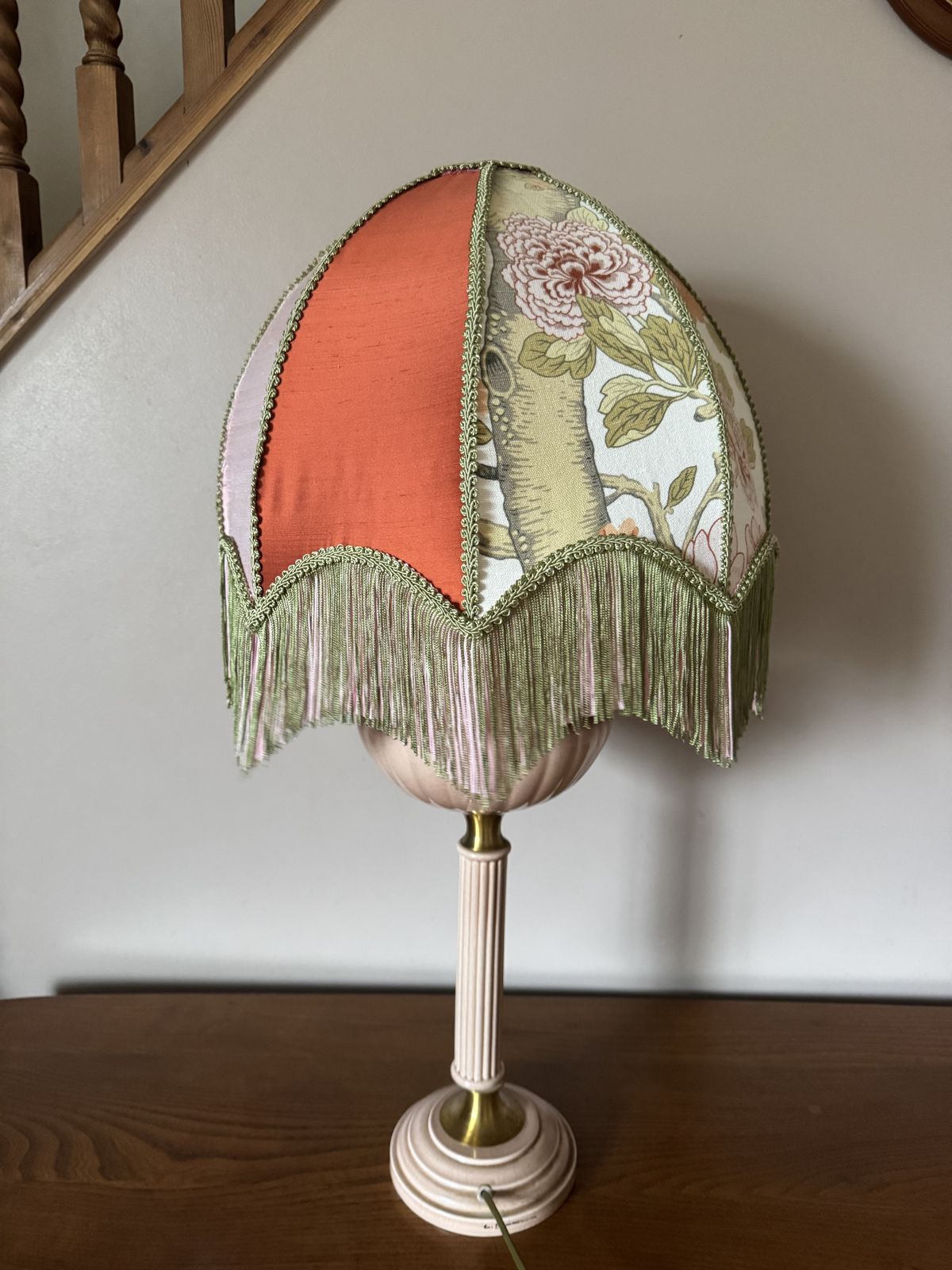 A Unique Vintage French Napoleonic Style Sectional Ceramic Table Lamp With Hand Sewn Shade. photo vinterior