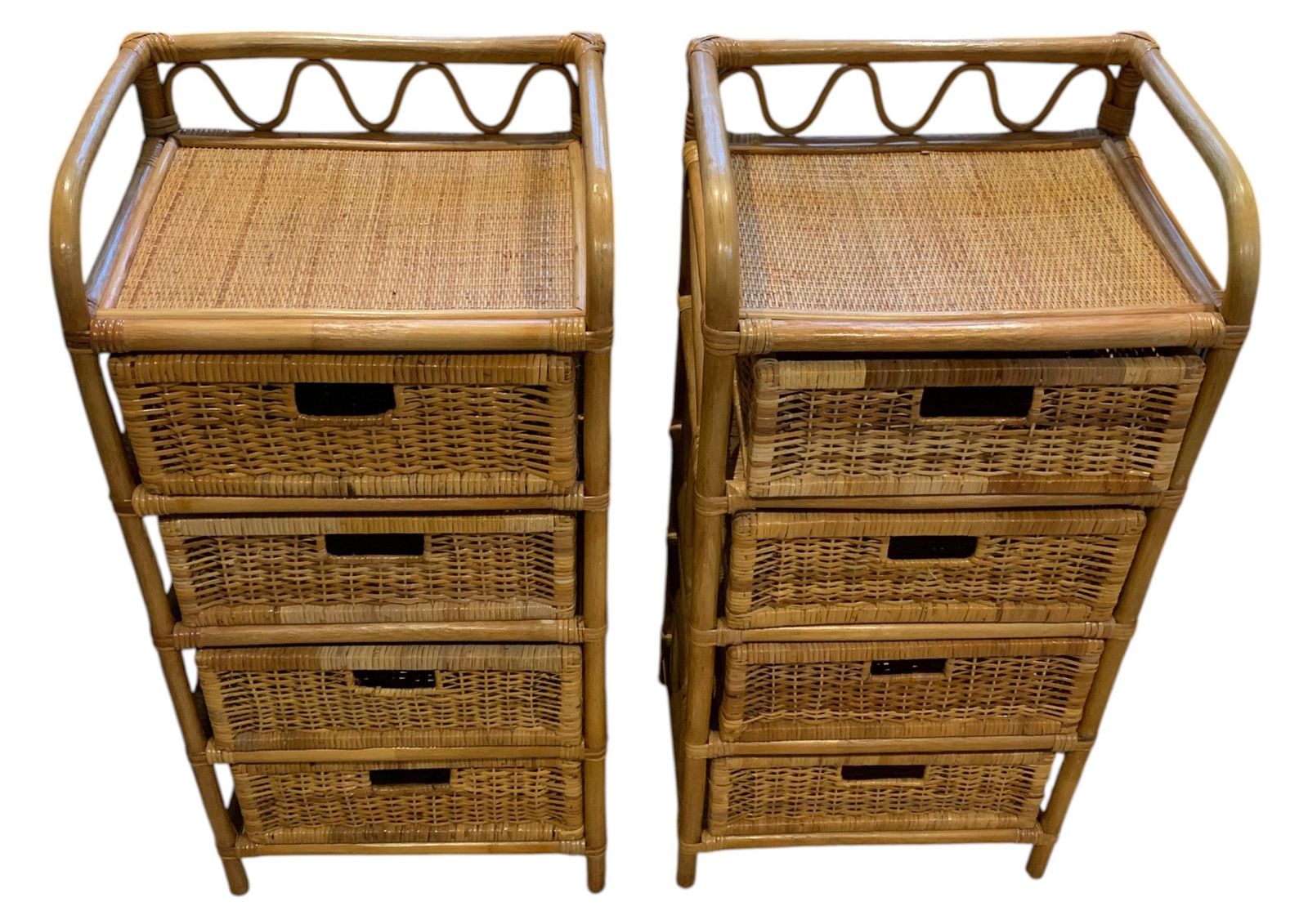 Pair Of Vintage Jungalow Bamboo And Rattan Tallboy Chest Of Four Drawers 1970s photo for sale