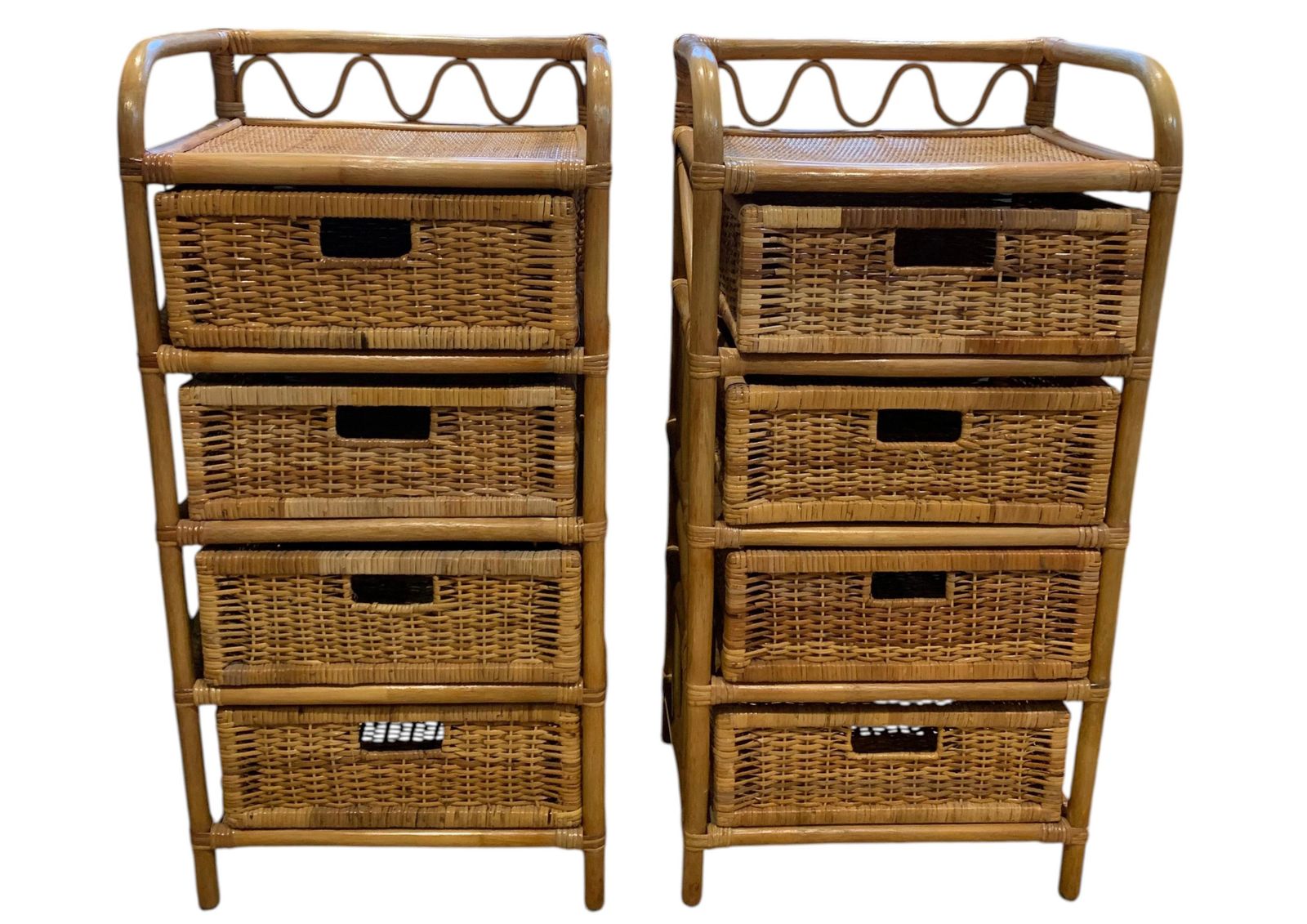 Pair Of Vintage Jungalow Bamboo And Rattan Tallboy Chest Of Four Drawers 1970s photo Furniture