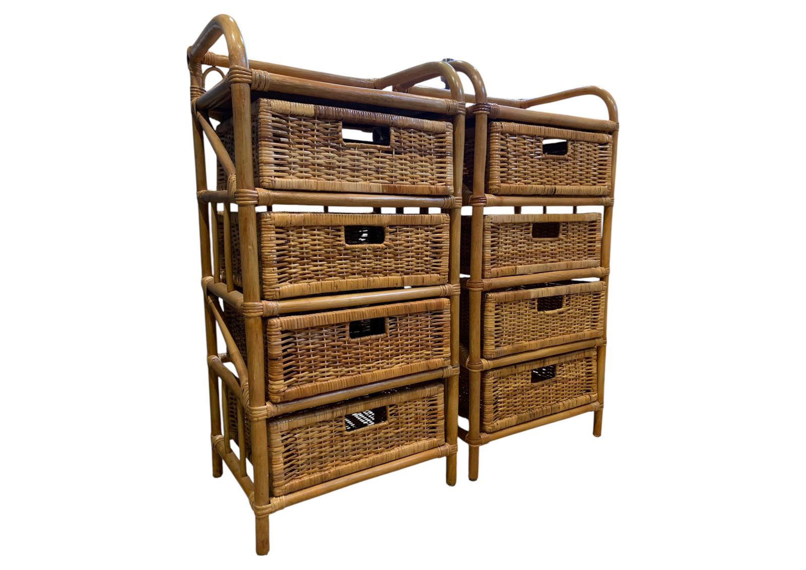 Pair Of Vintage Jungalow Bamboo And Rattan Tallboy Chest Of Four Drawers 1970s photo vintage