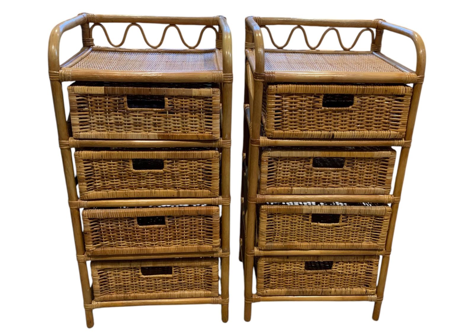 photo furniture Pair Of Vintage Jungalow Bamboo And Rattan Tallboy Chest Of Four Drawers 1970s