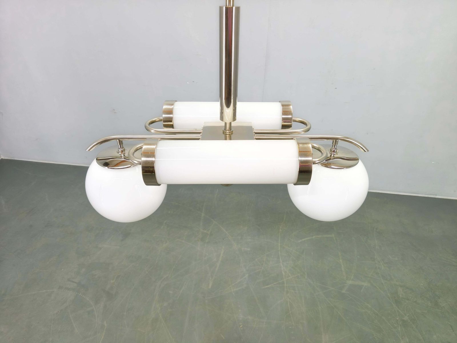 Exceptional Bauhaus Chrome Chandelier With Glass Shades, 1930s photo vinterior