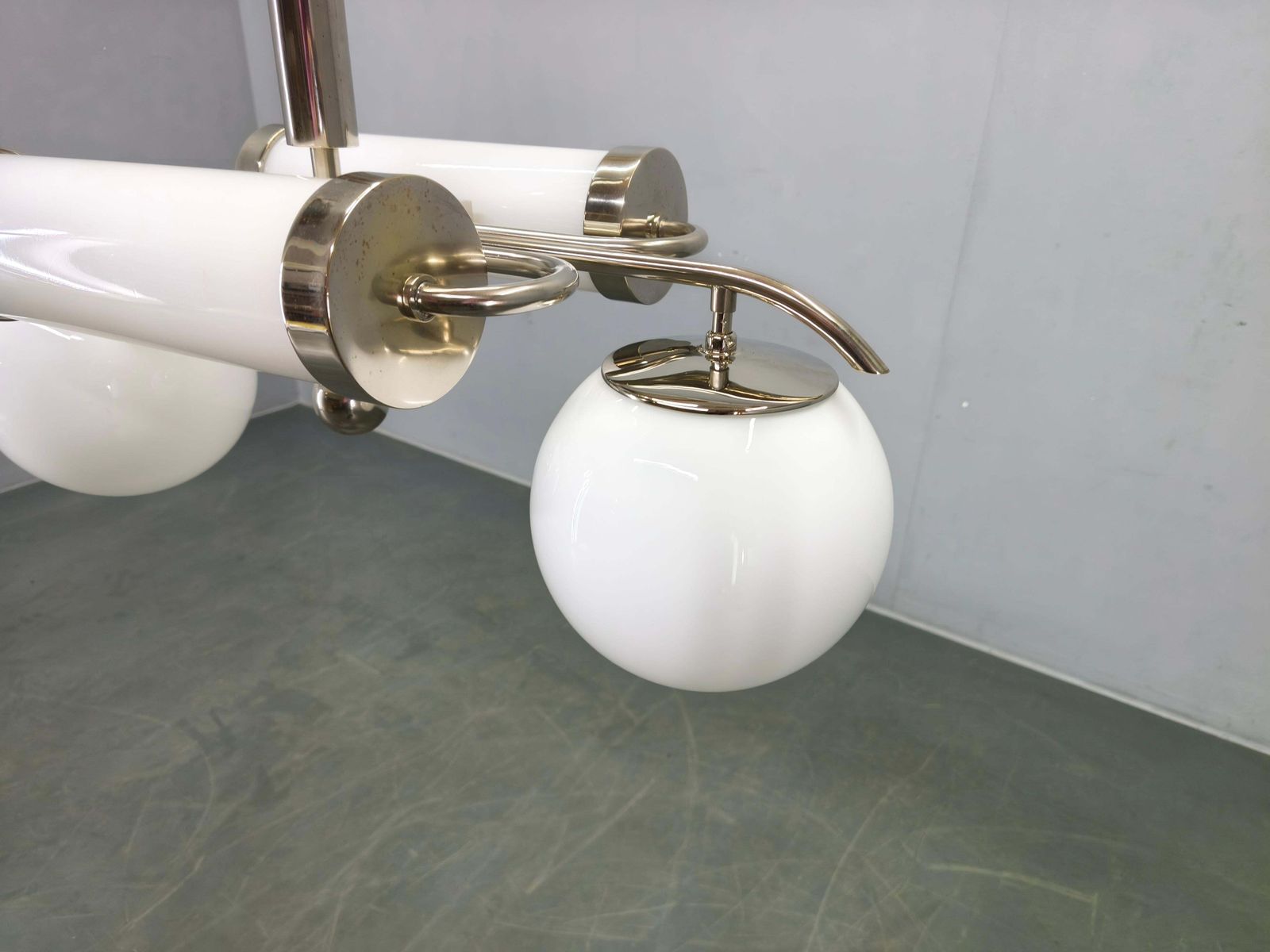 Exceptional Bauhaus Chrome Chandelier With Glass Shades, 1930s photo vintage