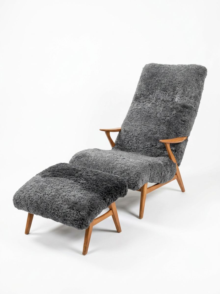 Armchair With Footstool, 1950s–60s, Scandinavian Mid‑Century, Newly Reupholstered In Sheepskin, In The Manner Of Jio Möbler photo furniture