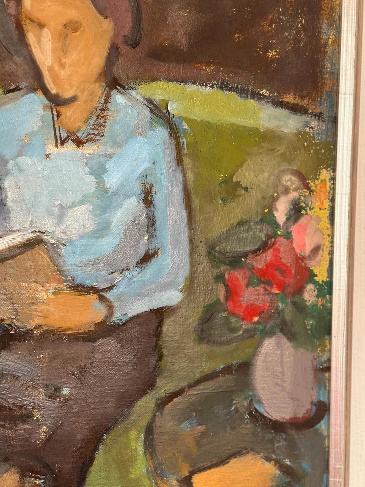 photo vinterior Original Oil On Canvas – “Woman Reading Book” By Sven Gillgren – Vintage & Framed – 70 × 59.5 Cm (27.6" × 23.4")