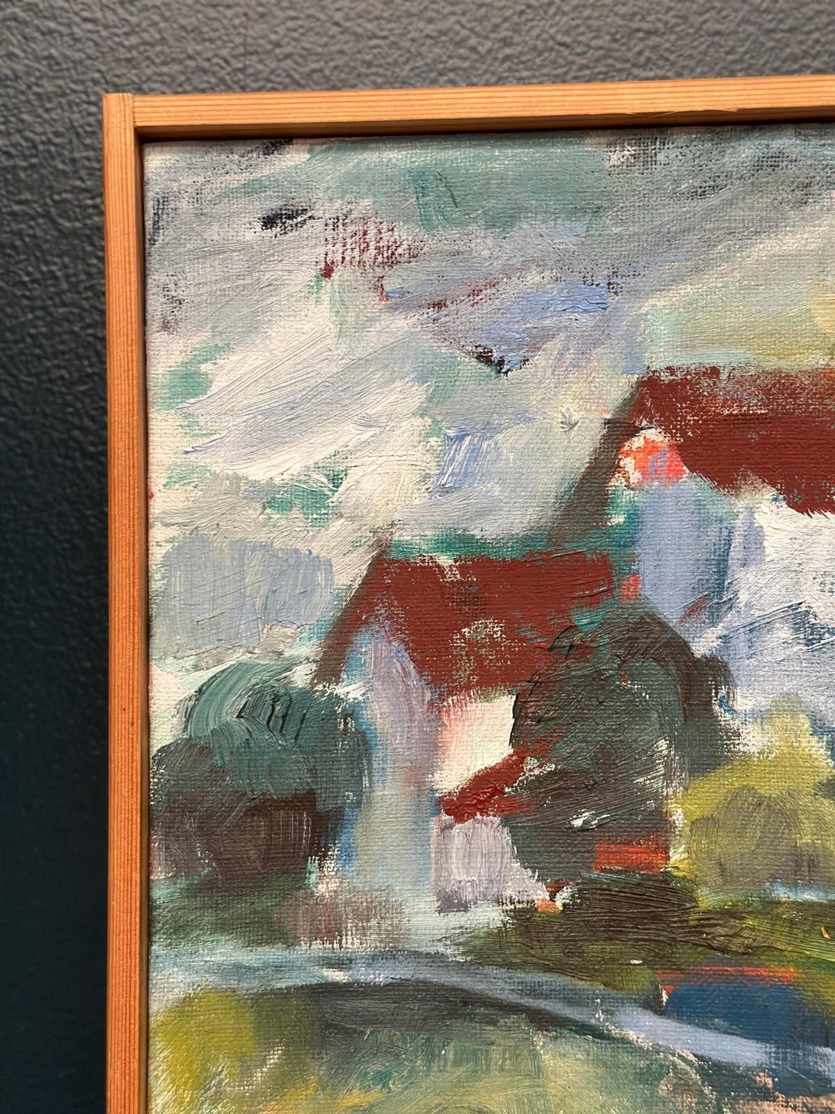 photo for sale Original Mid Century Swedish Oil On Canvas – “Cottage And Trees” By Folke Björnfot – Vintage & Framed – 34 × 32 Cm (13.4" × 12.6")
