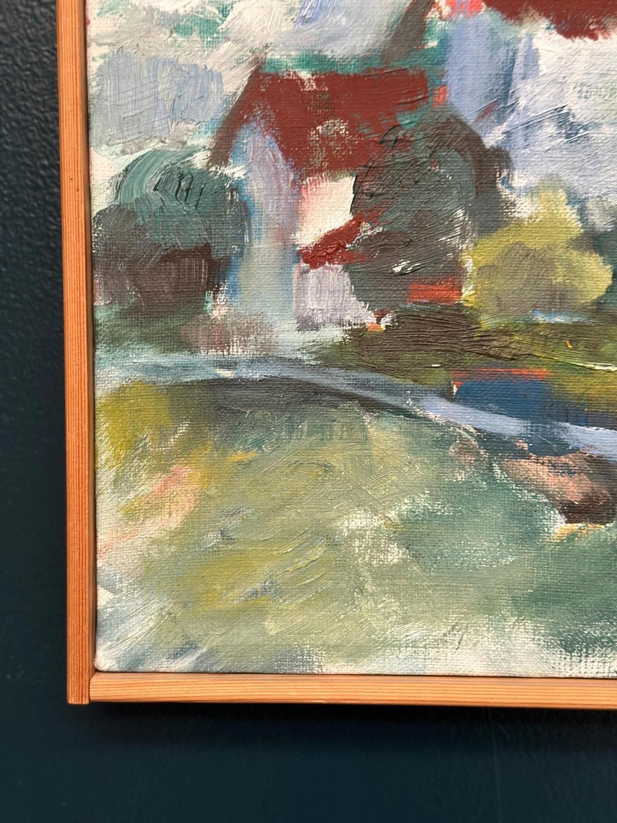 Art Original Mid Century Swedish Oil On Canvas – “Cottage And Trees” By Folke Björnfot – Vintage & Framed – 34 × 32 Cm (13.4" × 12.6") photo