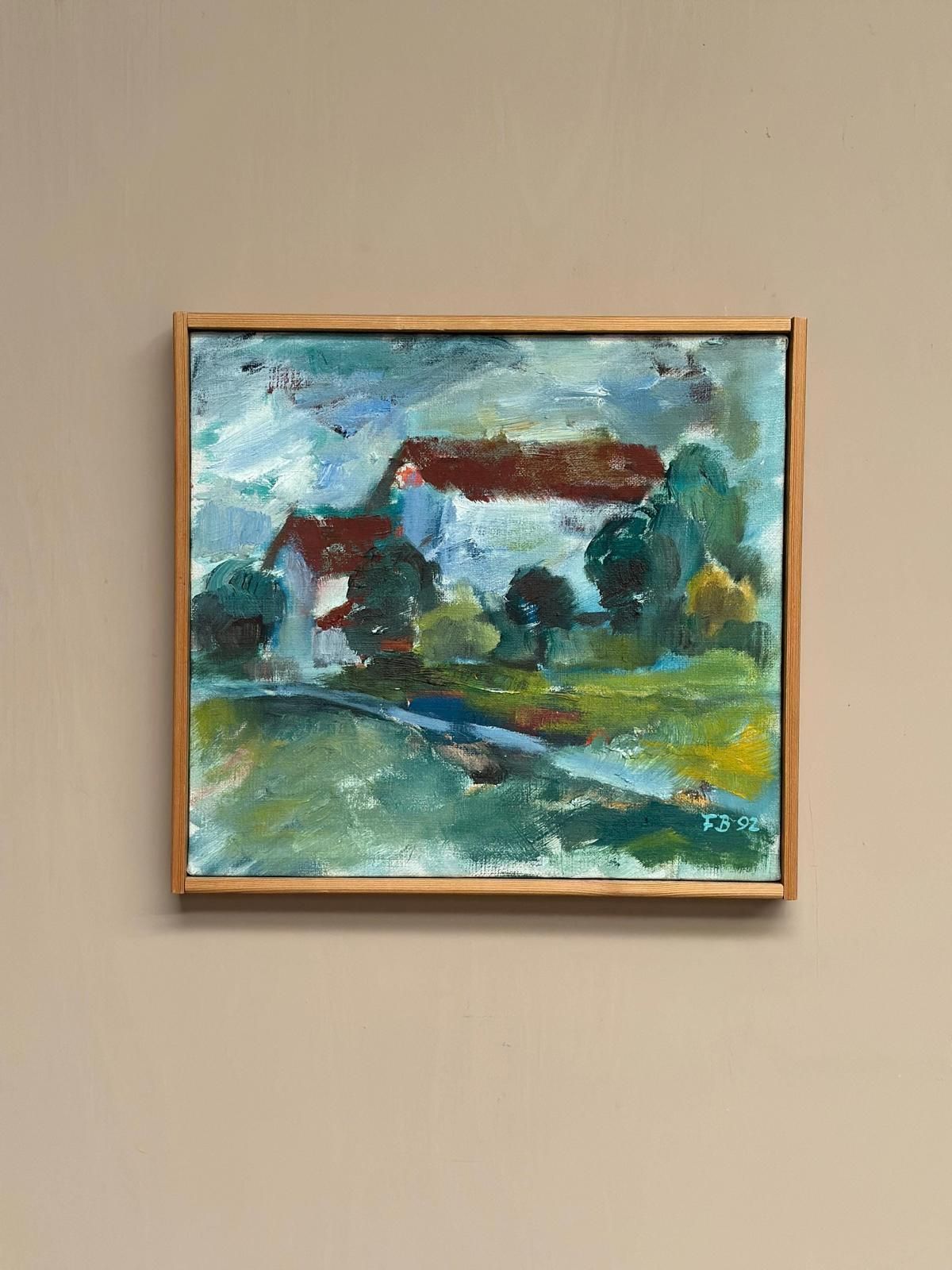 photo vintage Original Mid Century Swedish Oil On Canvas – “Cottage And Trees” By Folke Björnfot – Vintage & Framed – 34 × 32 Cm (13.4" × 12.6")