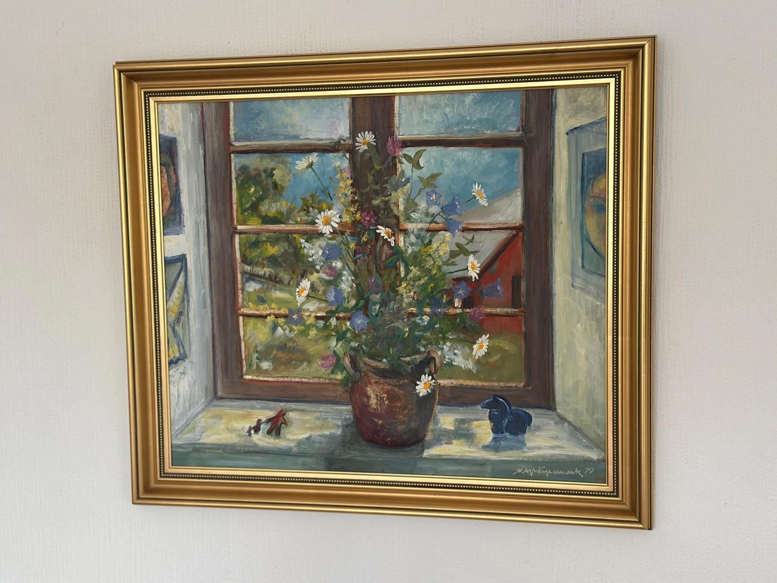 Original Mid Century Swedish Oil On Canvas – “Flowers By The Window” By Kaj Järpemark – Vintage & Framed – 64 × 56 Cm (25.2" × 22") photo 275.0