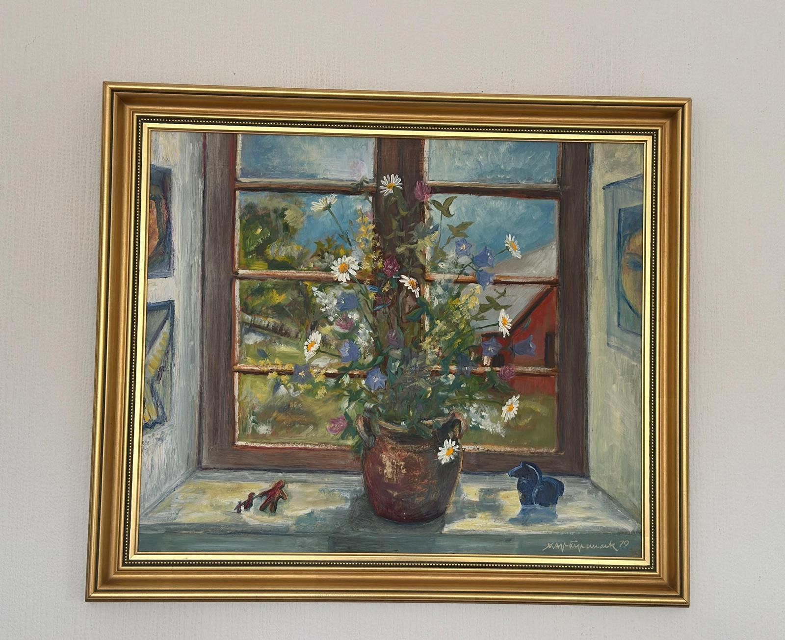 Original Mid Century Swedish Oil On Canvas – “Flowers By The Window” By Kaj Järpemark – Vintage & Framed – 64 × 56 Cm (25.2" × 22") photo vinterior