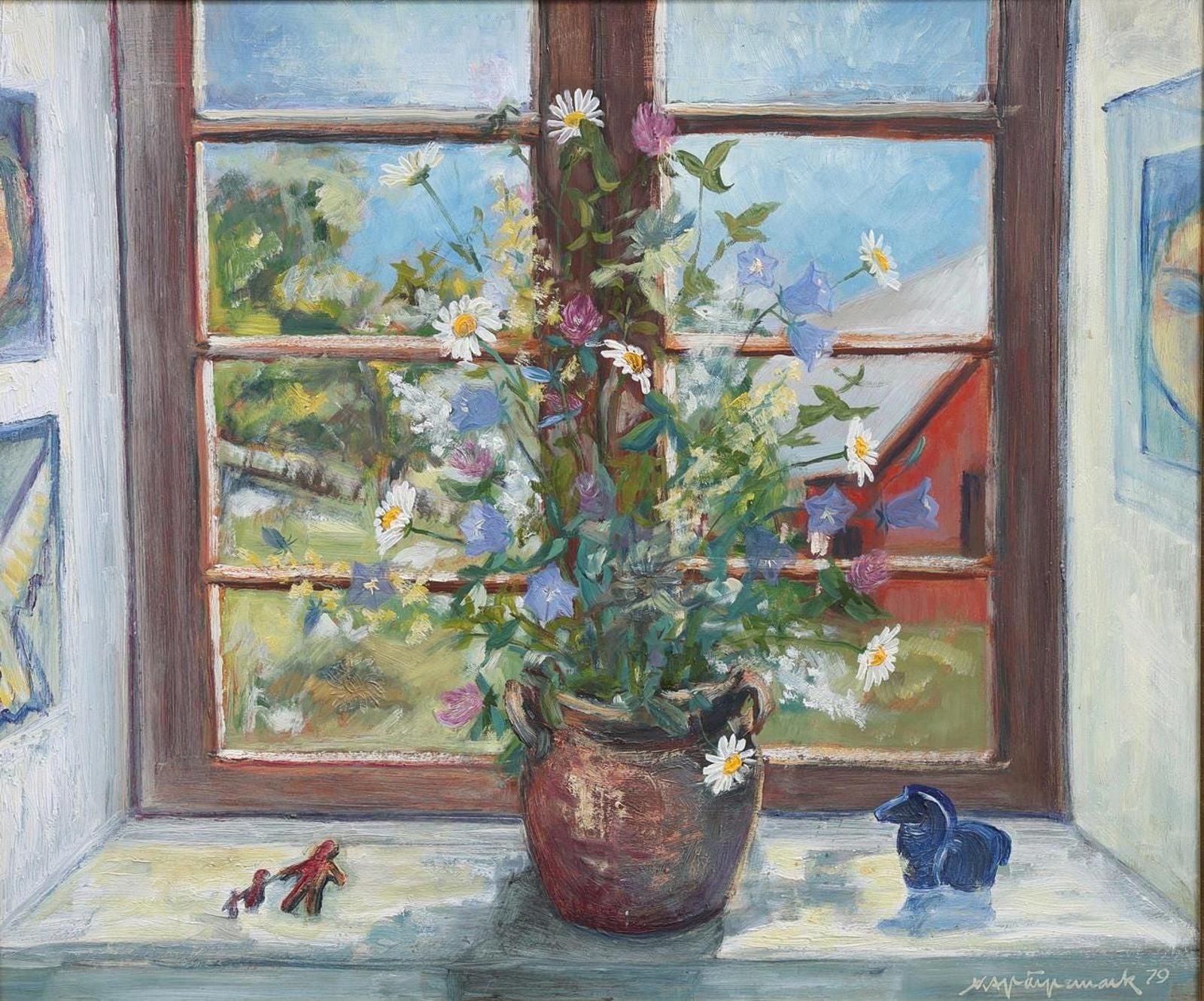 275.0 Original Mid Century Swedish Oil On Canvas – “Flowers By The Window” By Kaj Järpemark – Vintage & Framed – 64 × 56 Cm (25.2" × 22") photo
