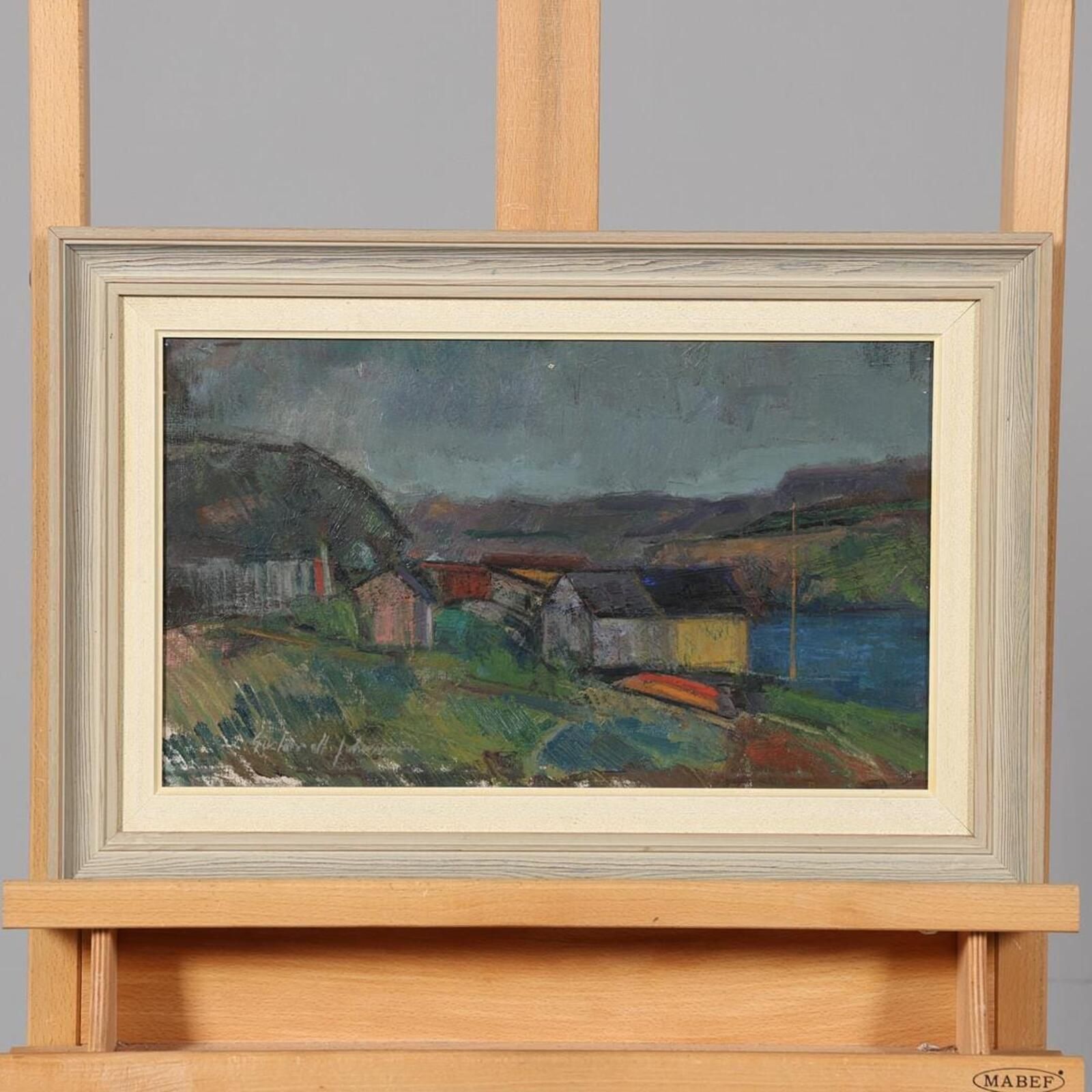 Original Mid Century Swedish Oil On Canvas – “Village” By Gustav Adolf Johansson – Vintage & Framed – Approx. 35.5 × 52.5 Cm (14" × 20.7") photo for sale
