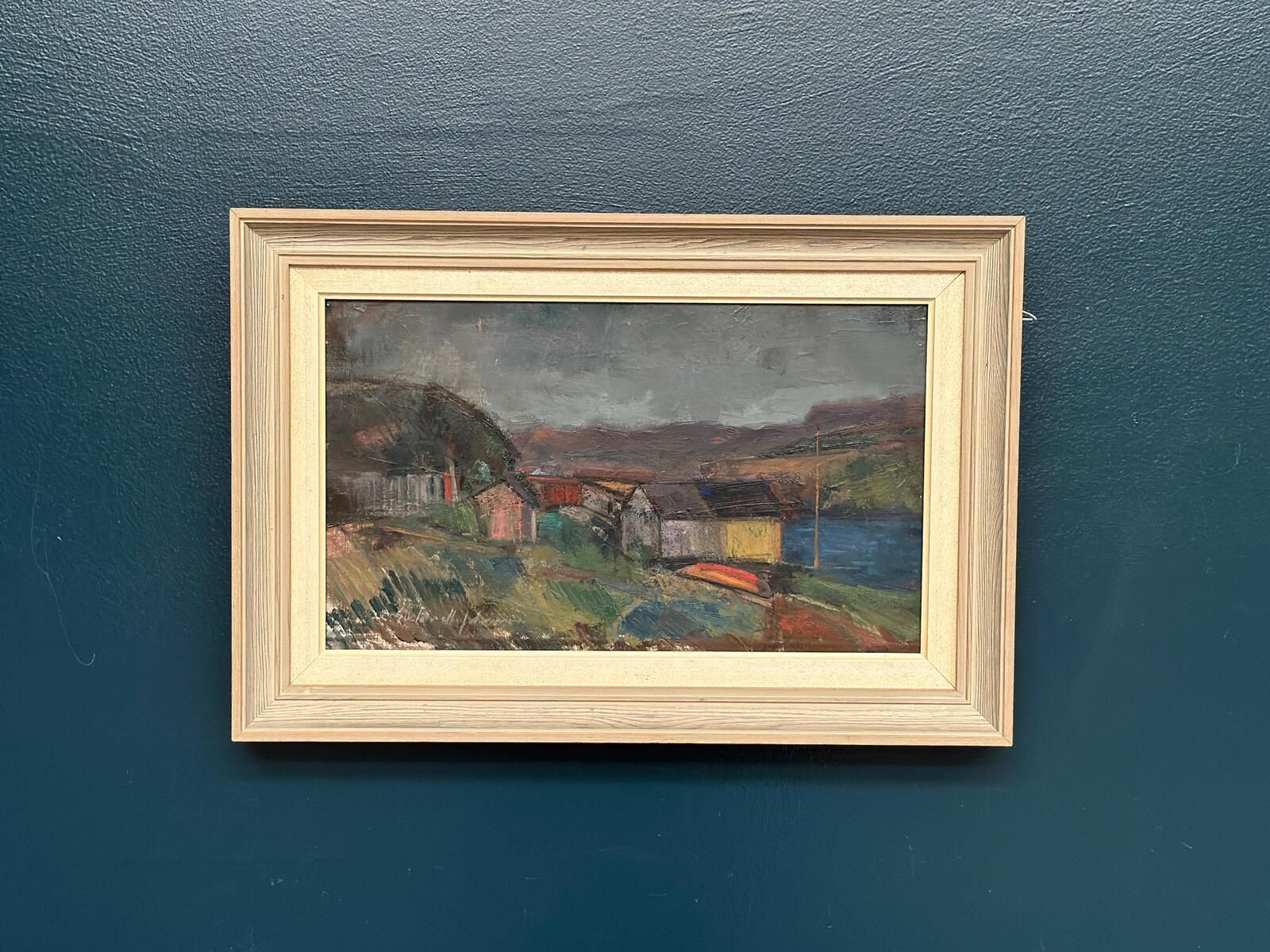 Original Mid Century Swedish Oil On Canvas – “Village” By Gustav Adolf Johansson – Vintage & Framed – Approx. 35.5 × 52.5 Cm (14" × 20.7") photo Art