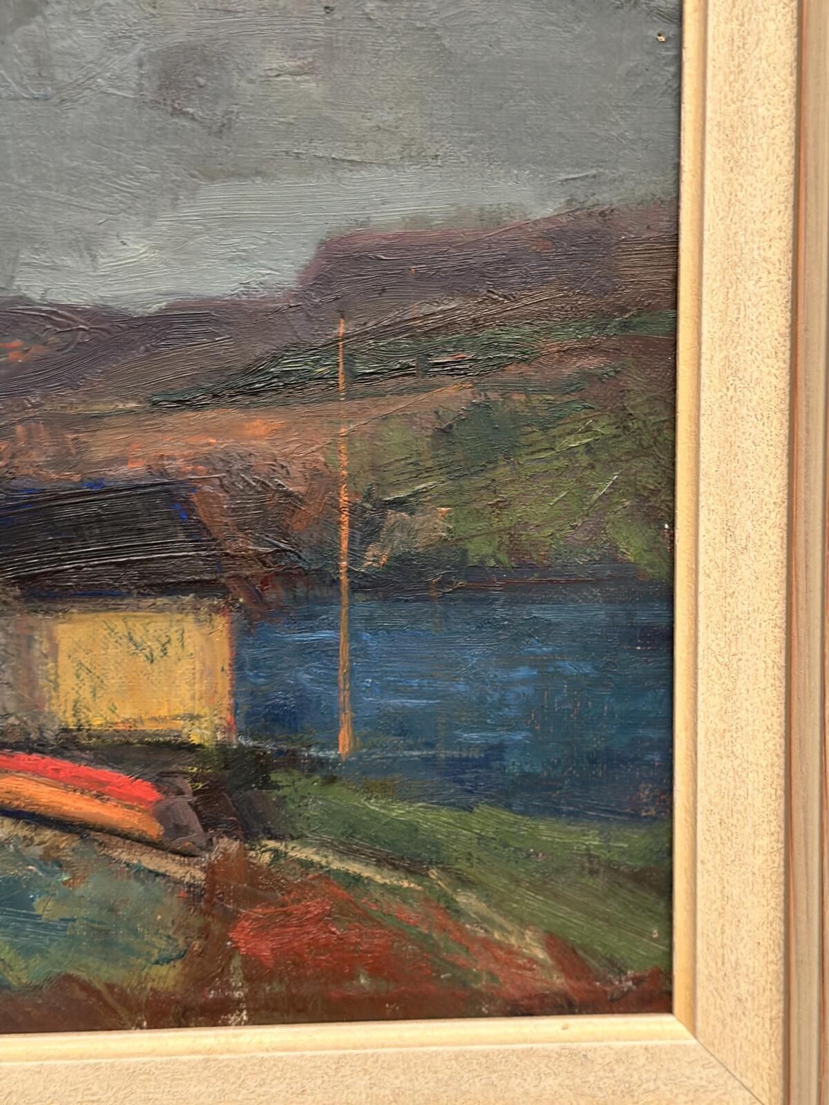 photo furniture Original Mid Century Swedish Oil On Canvas – “Village” By Gustav Adolf Johansson – Vintage & Framed – Approx. 35.5 × 52.5 Cm (14" × 20.7")