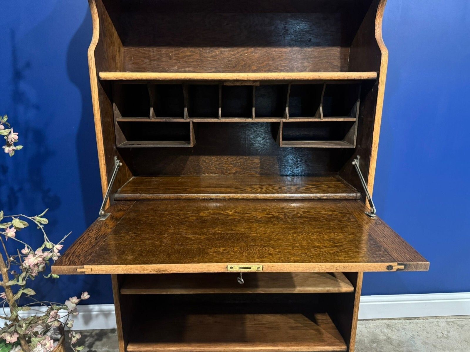photo for sale Antique Oak Arts And Crafts Writing Bureau Students Deck Bookshelf Hall