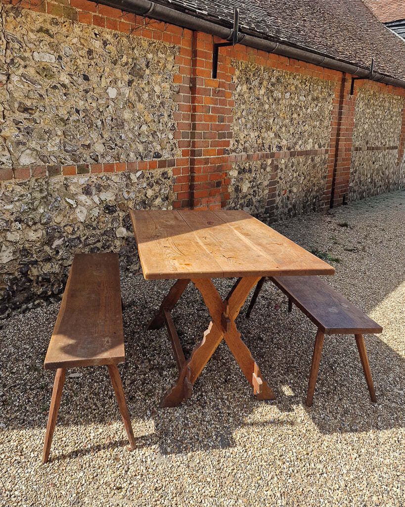 Rustic German Oak Trestle Table & Bench Set photo furniture