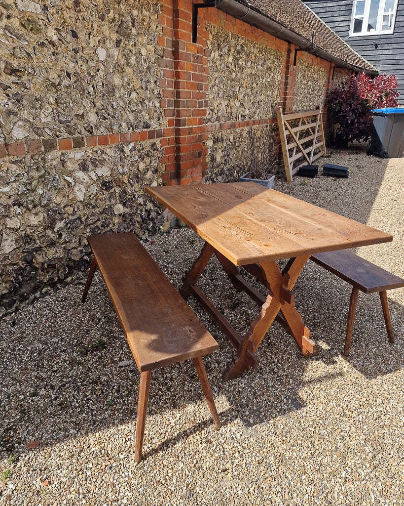 Rustic German Oak Trestle Table & Bench Set photo 895.0