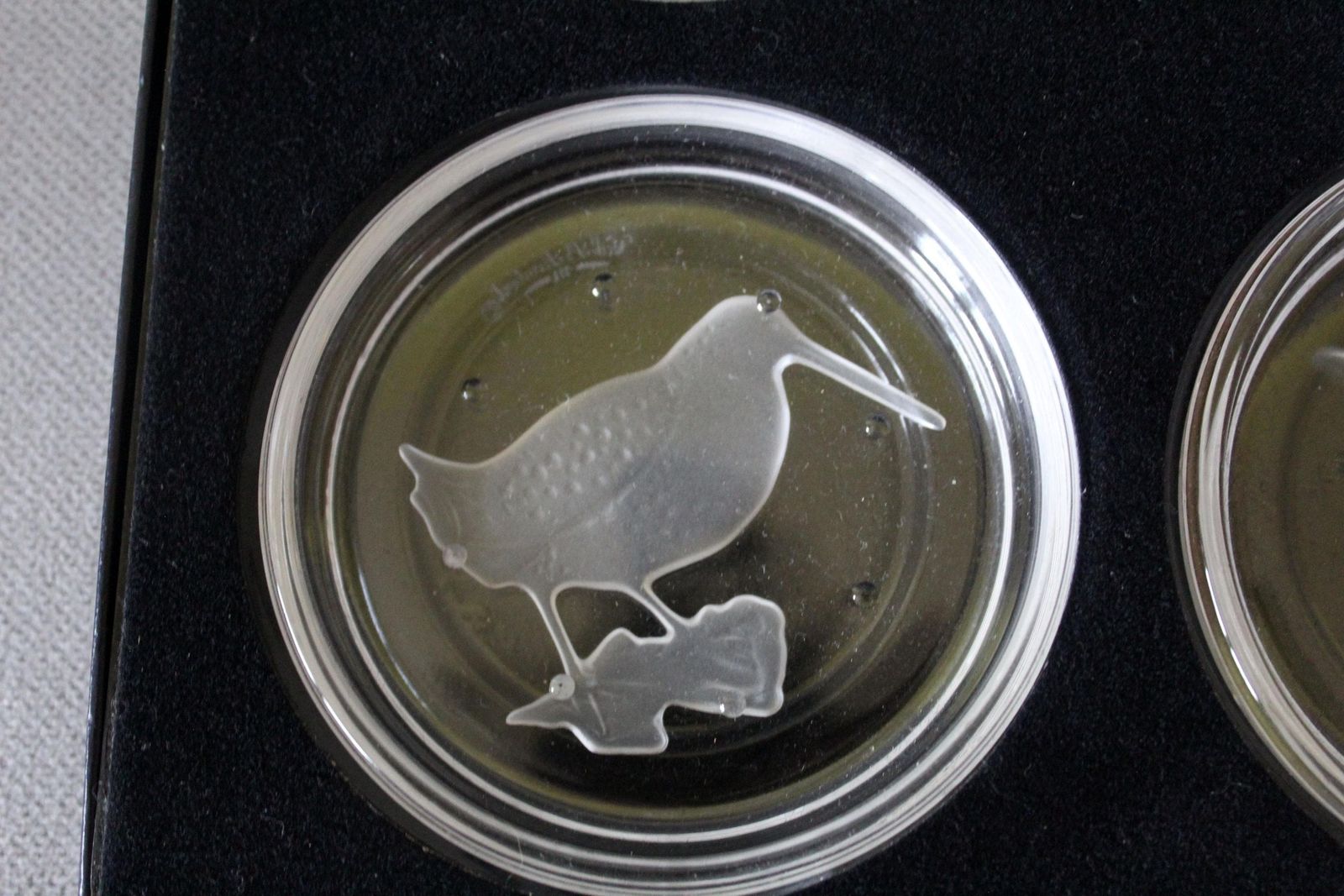 Set Of 6 Vintage Val Saint Lambert Crystal Glass Coaster, Original Box, Signed, Bird Game, Wild Birds, Pheasant, Belgium, Intaglio Design photo buy