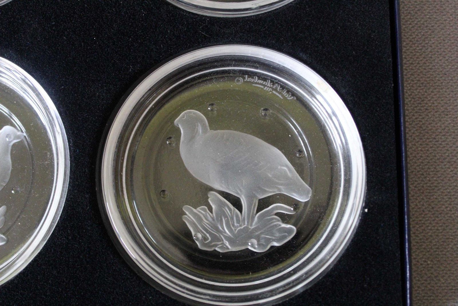 photo furniture Set Of 6 Vintage Val Saint Lambert Crystal Glass Coaster, Original Box, Signed, Bird Game, Wild Birds, Pheasant, Belgium, Intaglio Design
