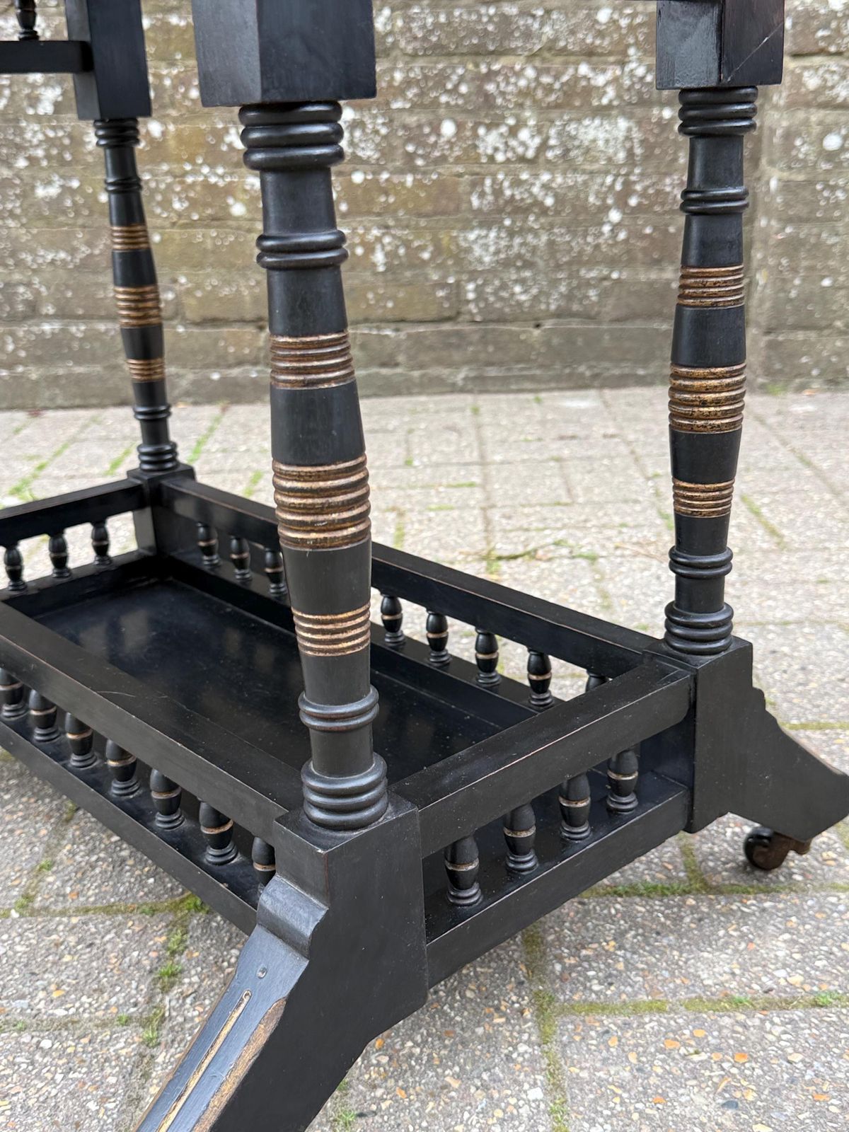 Vintage Chinoiserie Oriental Style Drop Leaf Table, Early 20th Century Ebonised Folding Side Table, Victorian Style On Castors photo buy