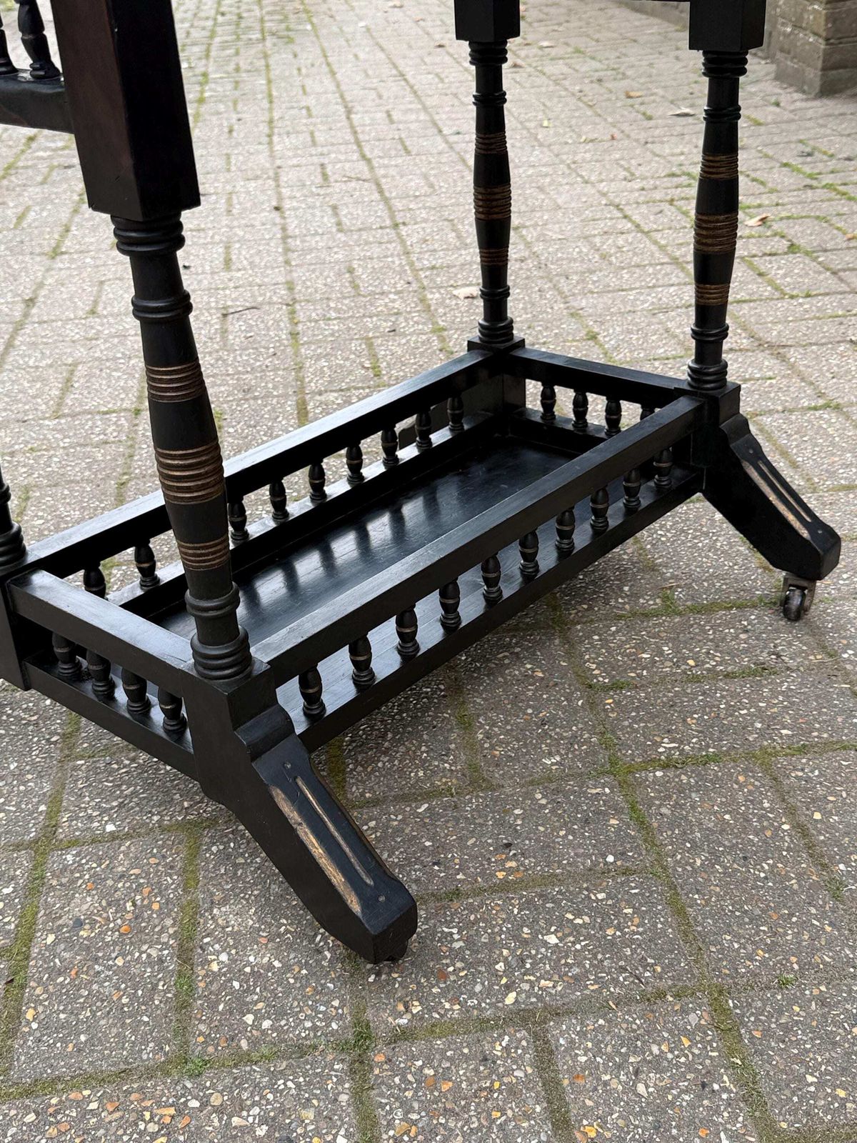 Furniture Vintage Chinoiserie Oriental Style Drop Leaf Table, Early 20th Century Ebonised Folding Side Table, Victorian Style On Castors photo