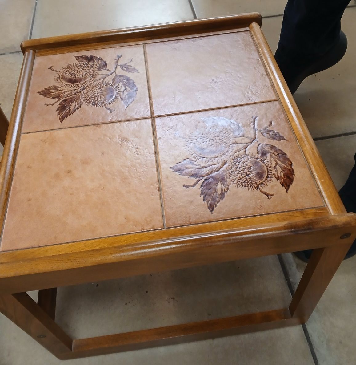 Mid Century Nest Of 3 Danish Teak With Ceramic Tiles Tables photo for sale