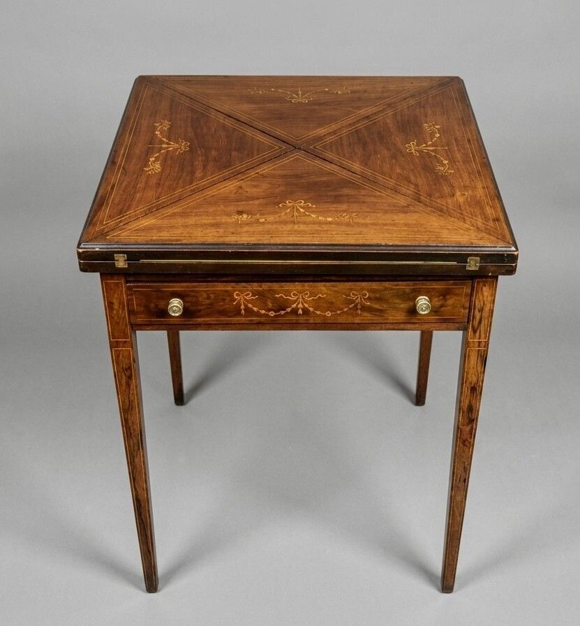 Edwardian Rosewood And Satinwood Inlaid Envelope Top Card Table photo for sale