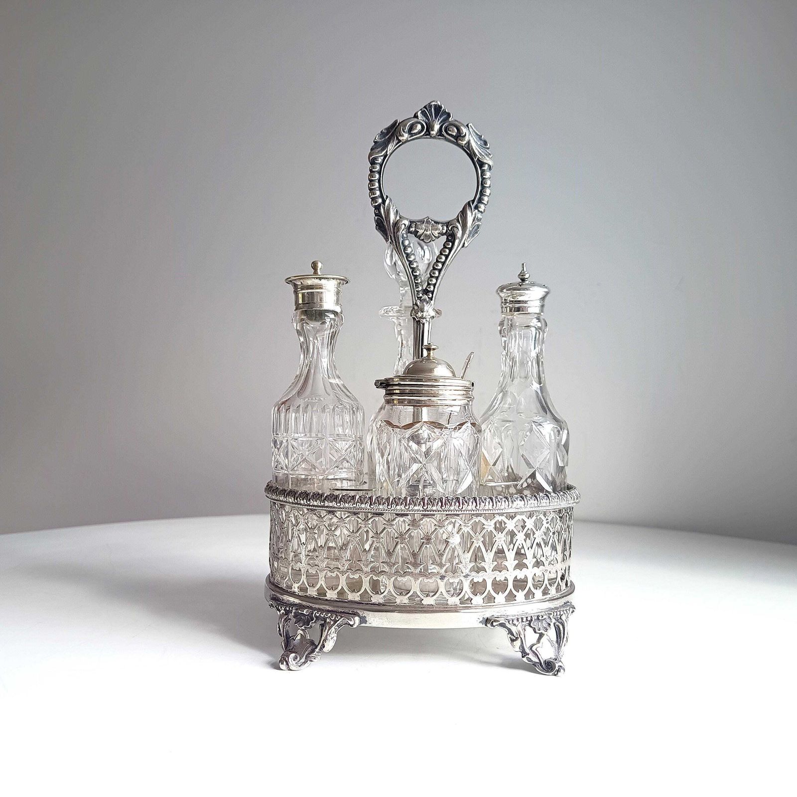 Antique English Silver Plate Cruet Stand & 4 Cut Glass Condiment Bottles, Belle Epoque photo for sale