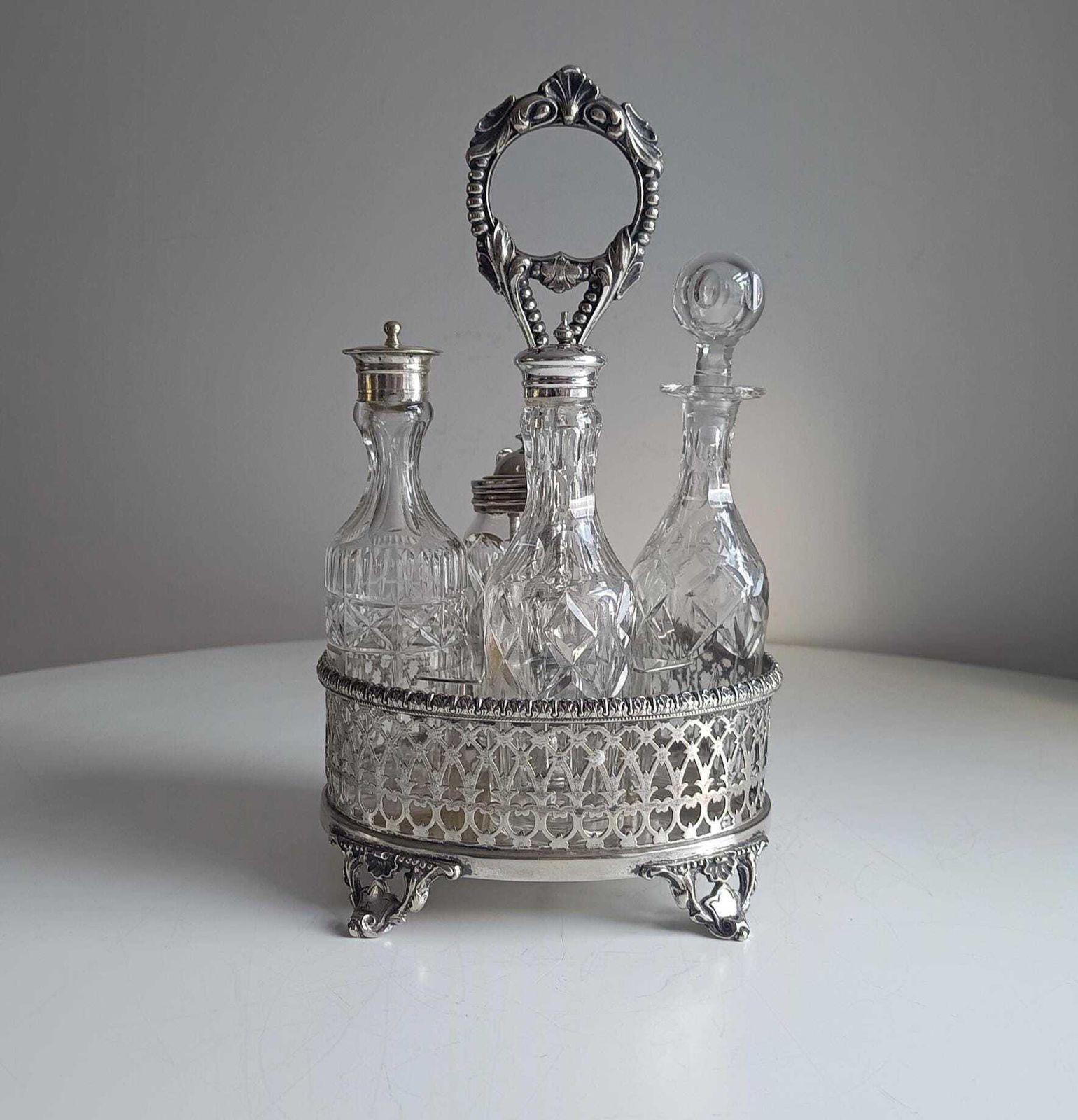 Antique English Silver Plate Cruet Stand & 4 Cut Glass Condiment Bottles, Belle Epoque photo Home Decor