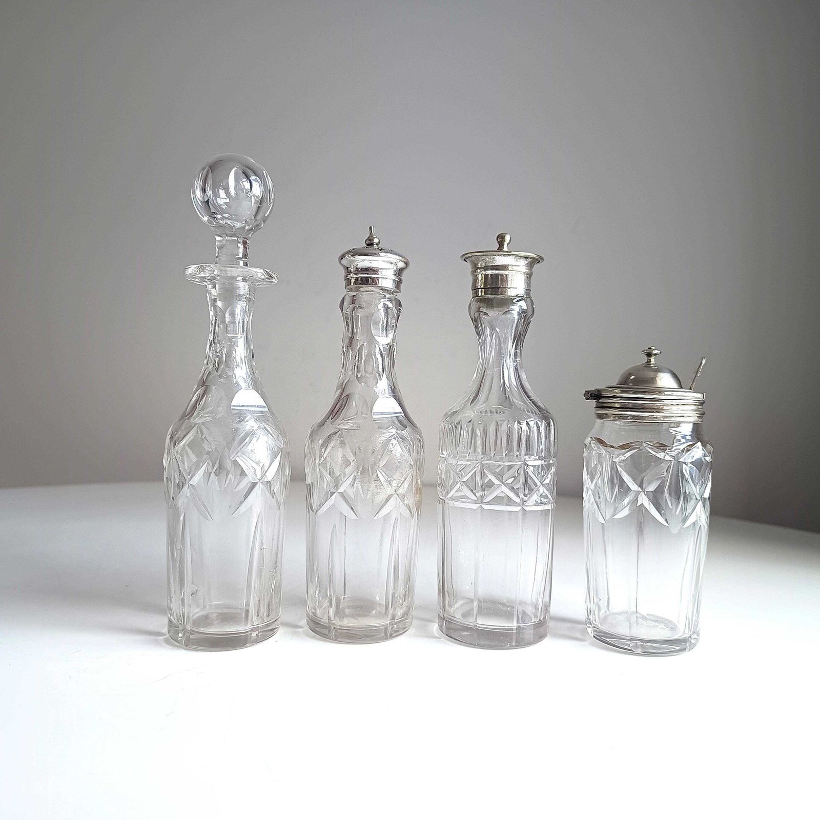 photo for sale Antique English Silver Plate Cruet Stand & 4 Cut Glass Condiment Bottles, Belle Epoque