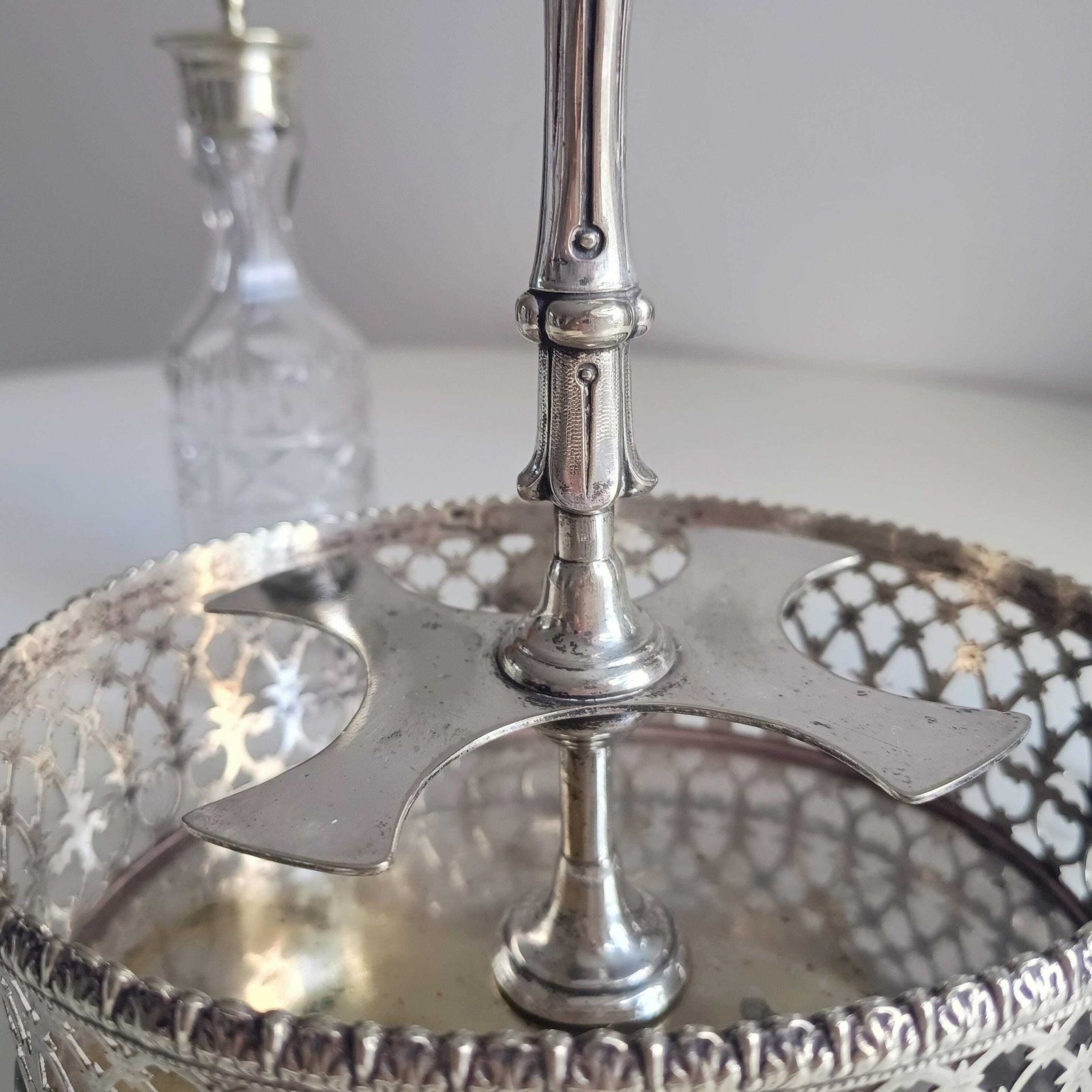 165.0 Antique English Silver Plate Cruet Stand & 4 Cut Glass Condiment Bottles, Belle Epoque photo