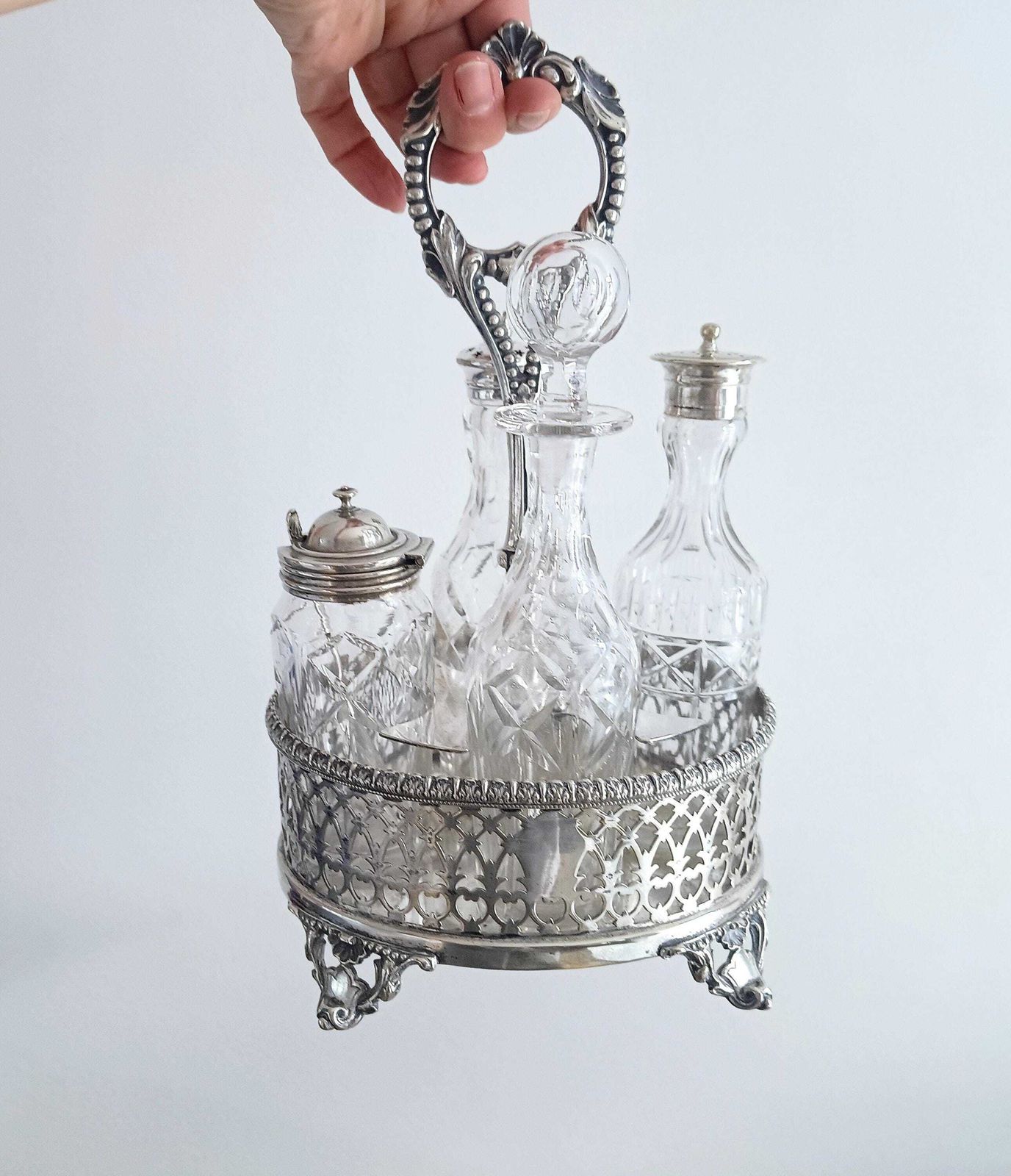 photo buy Antique English Silver Plate Cruet Stand & 4 Cut Glass Condiment Bottles, Belle Epoque