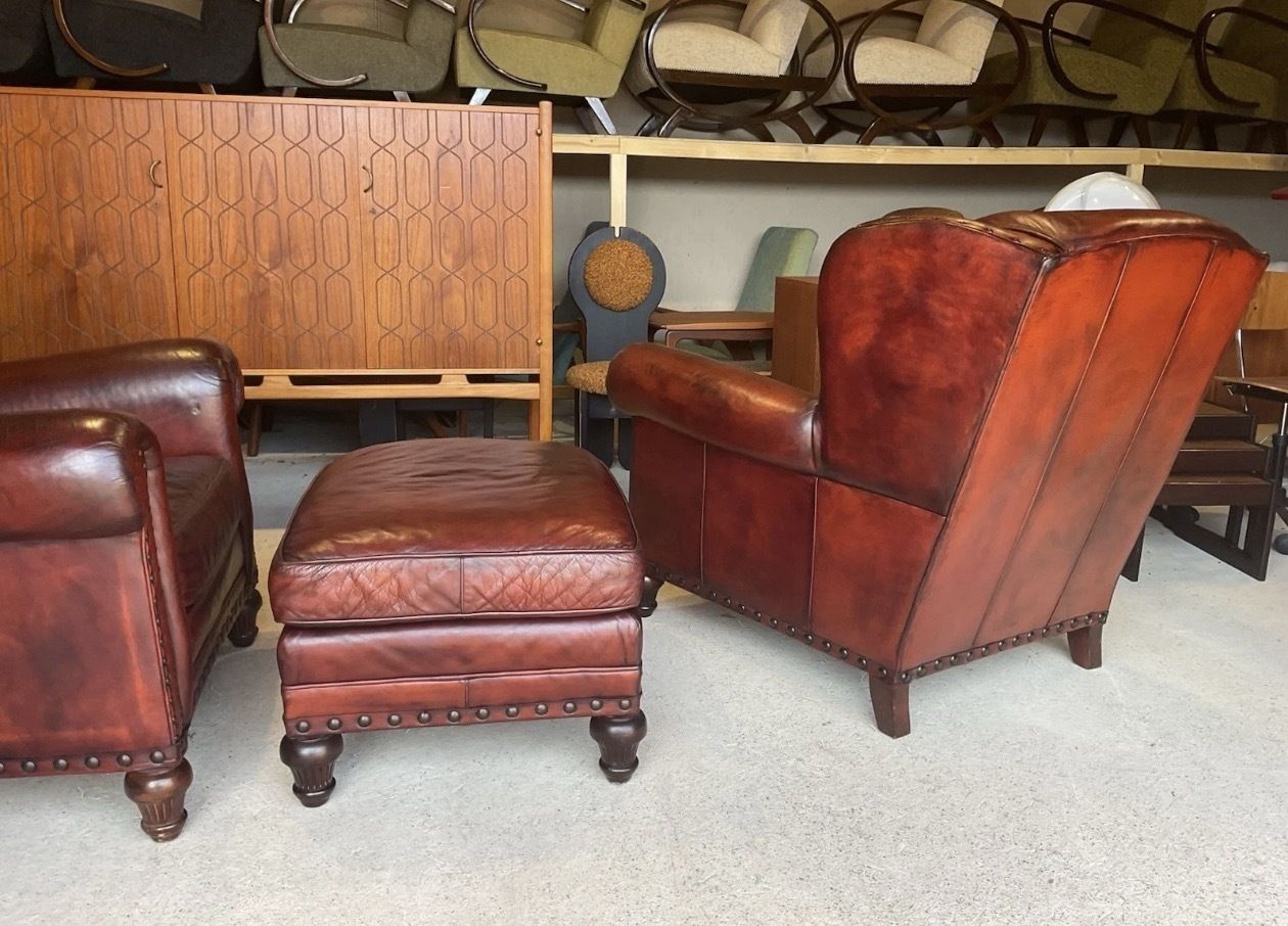 Wesley Hall Armchairs With Ottoman, Antique Farmhouse Style photo for sale