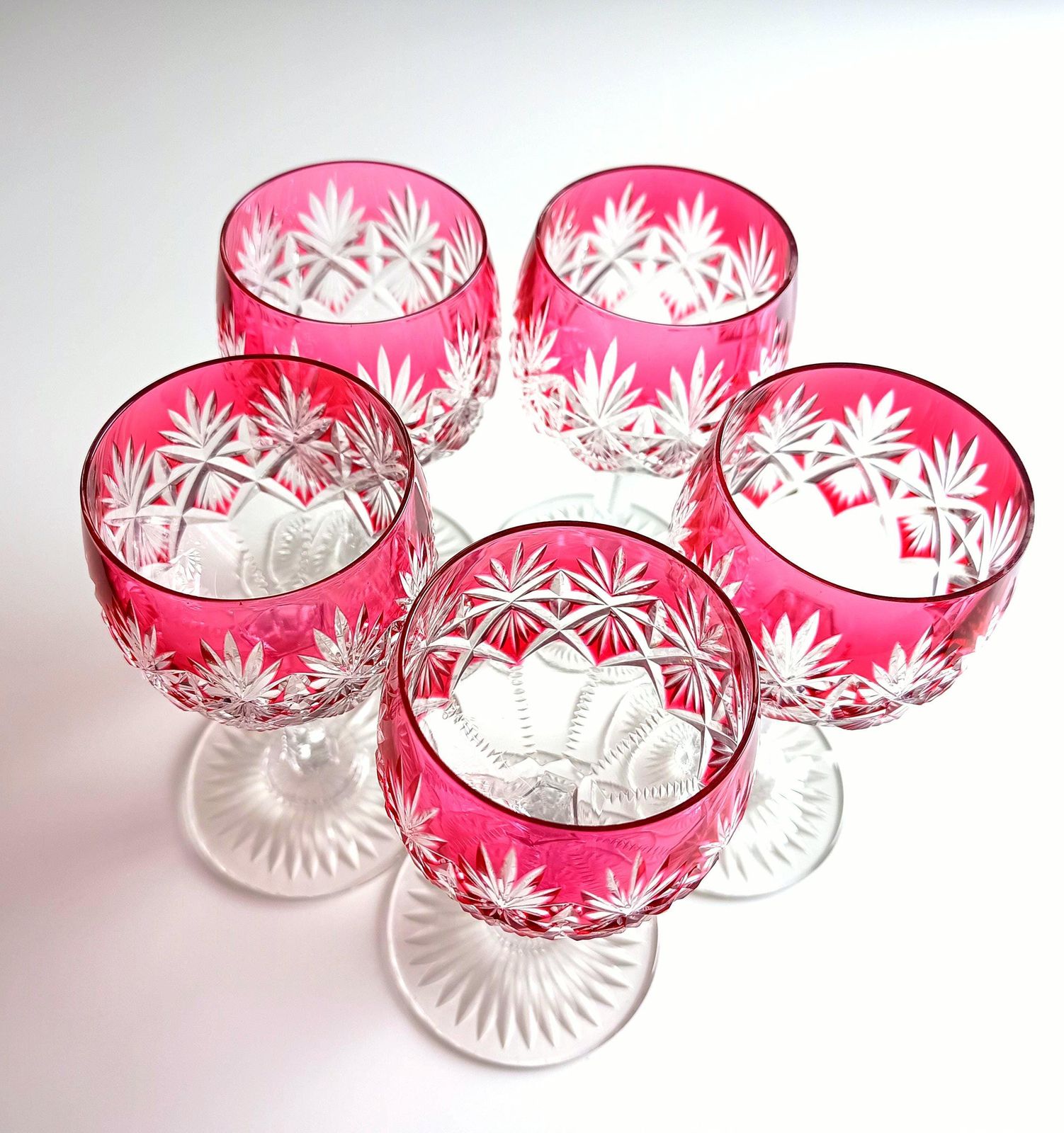 Art Deco English Cut Crystal Wine Glasses: 5 Strawberry Pink, Walsh Walsh, Birmingham 1930s photo for sale