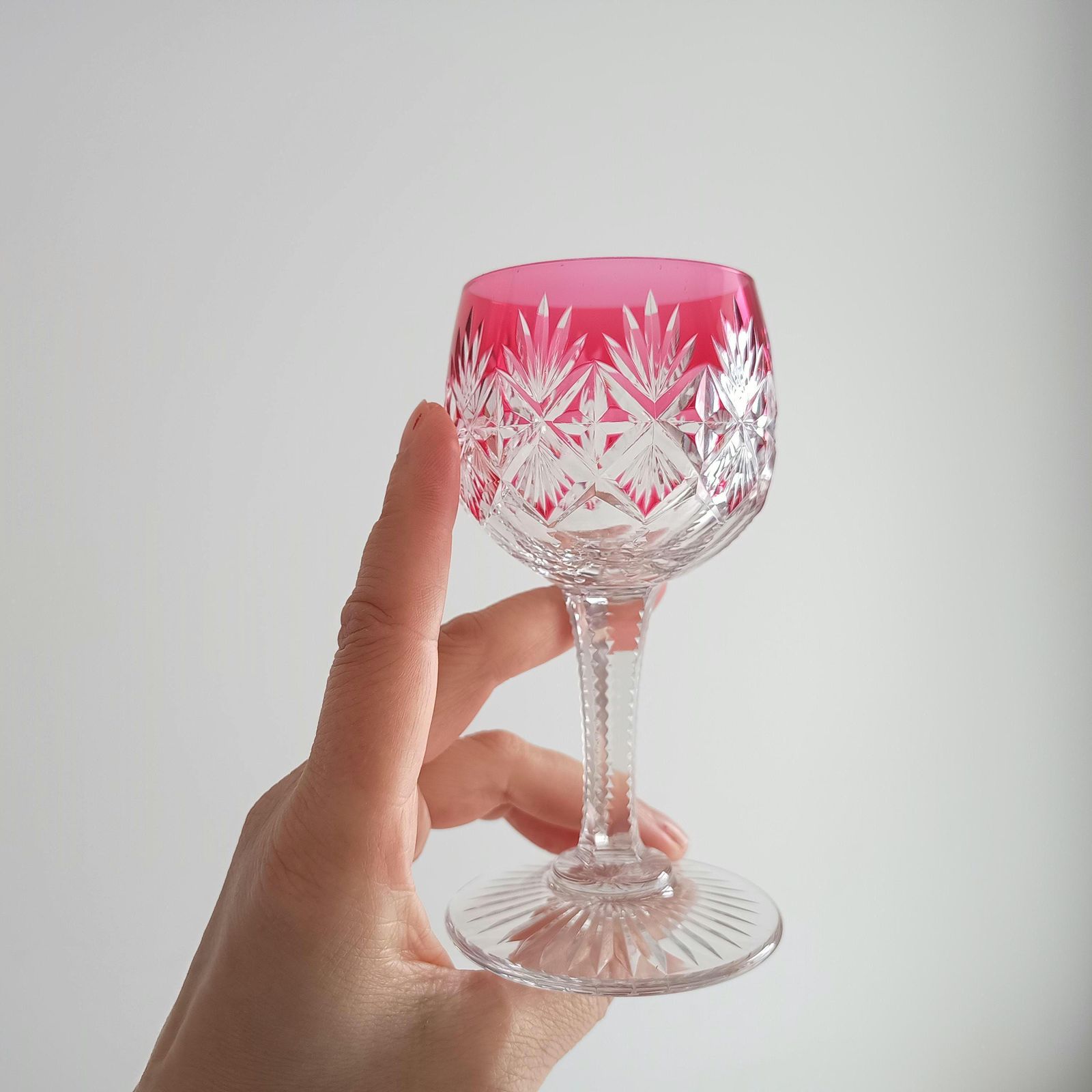 Art Deco English Cut Crystal Wine Glasses: 5 Strawberry Pink, Walsh Walsh, Birmingham 1930s photo Home Decor