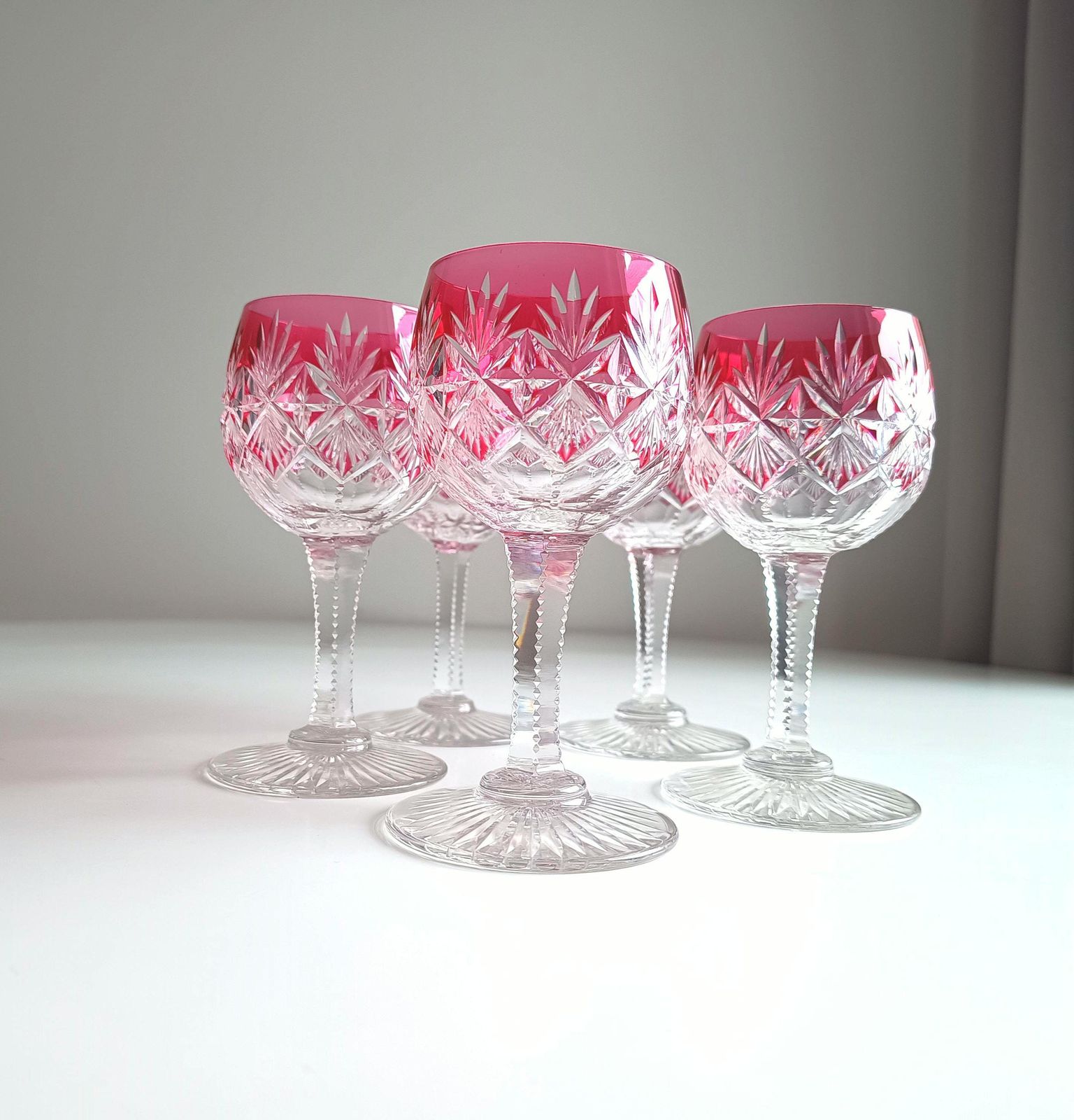 165.0 Art Deco English Cut Crystal Wine Glasses: 5 Strawberry Pink, Walsh Walsh, Birmingham 1930s photo