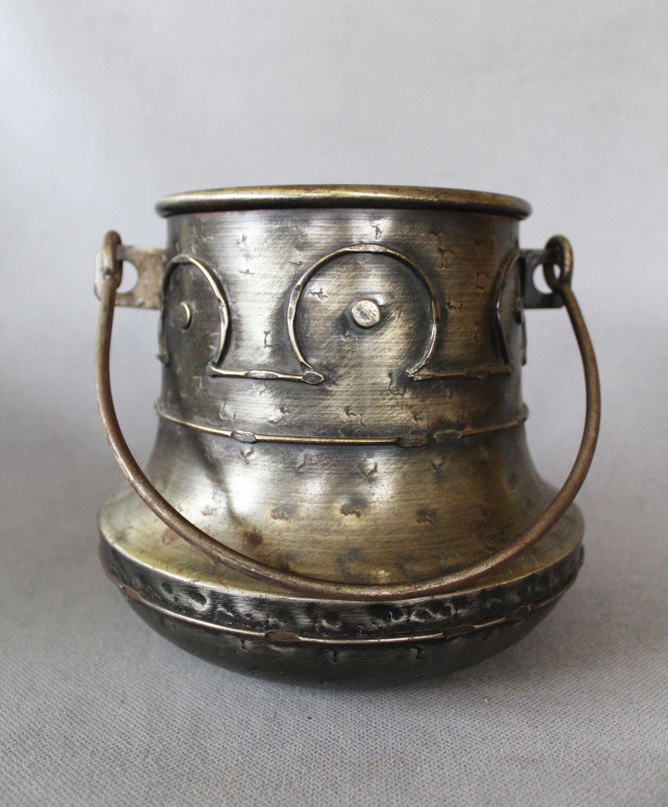 Large Vintage Iron And Metal Cauldron Pot Or Planter, Iron Handle, Folk Art Style, Rustic Design, Embossed, Jardiniere, Home Garden Decor photo furniture