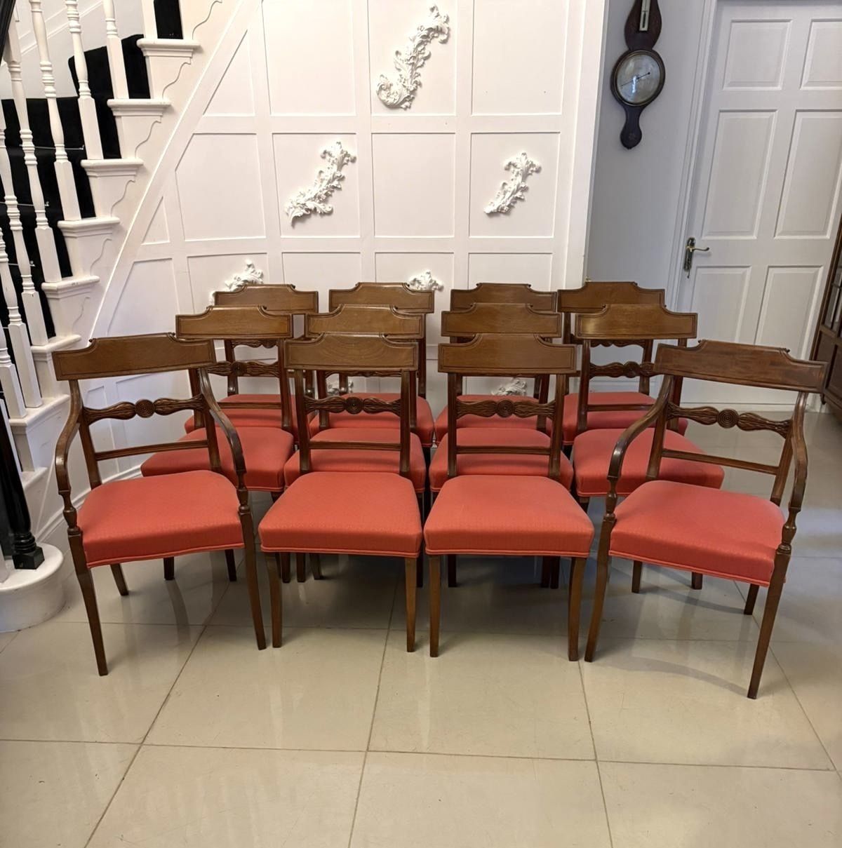 Antique 19th Century Set Of 12 Mahogany Dining Chairs Including 2 Carvers