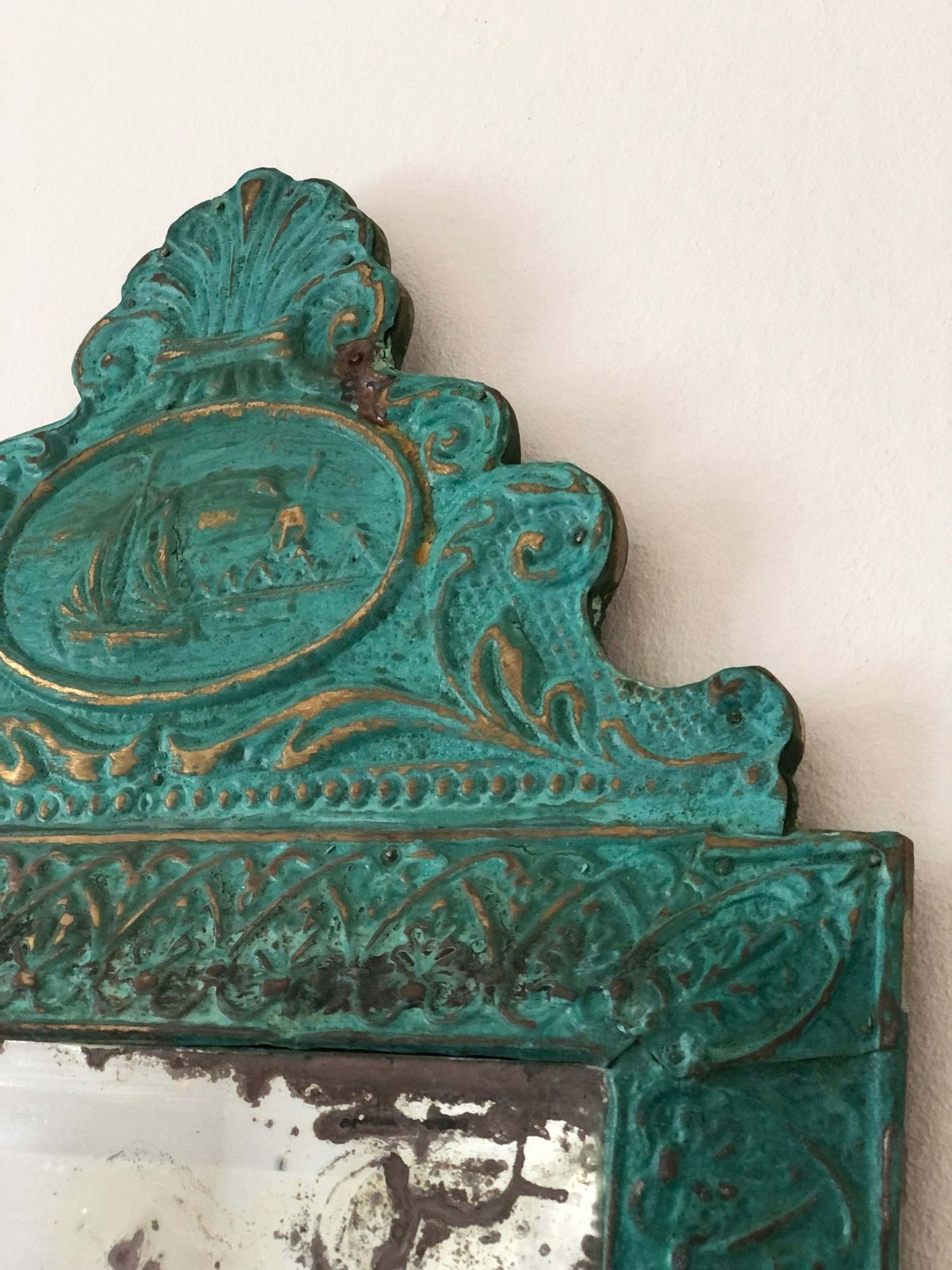 Antique Embossed Pressed Metal (Tole) Mirror With A Green Patina Finish And Gilt Highlights Rococo photo for sale