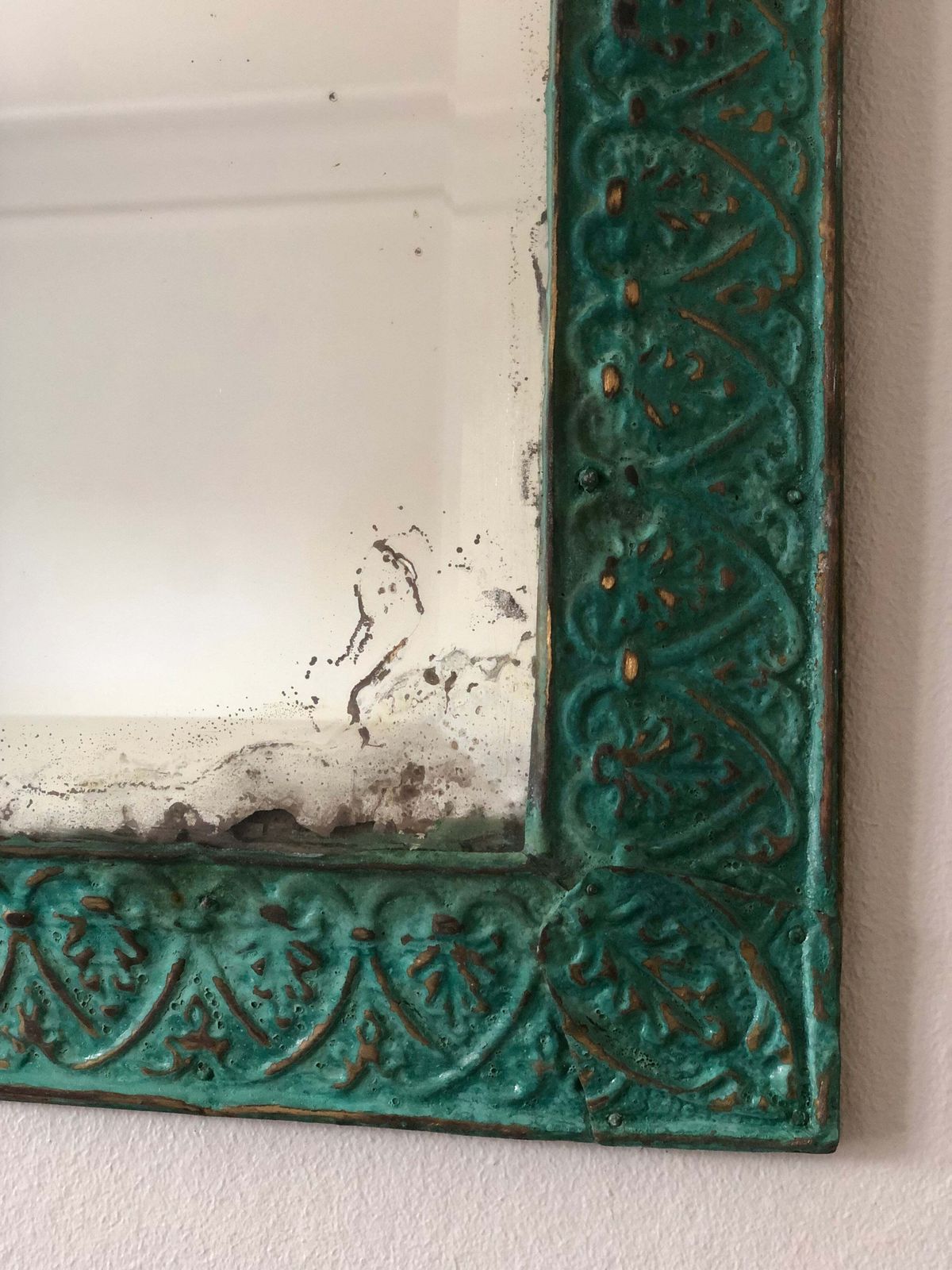 Antique Embossed Pressed Metal (Tole) Mirror With A Green Patina Finish And Gilt Highlights Rococo photo Home Decor